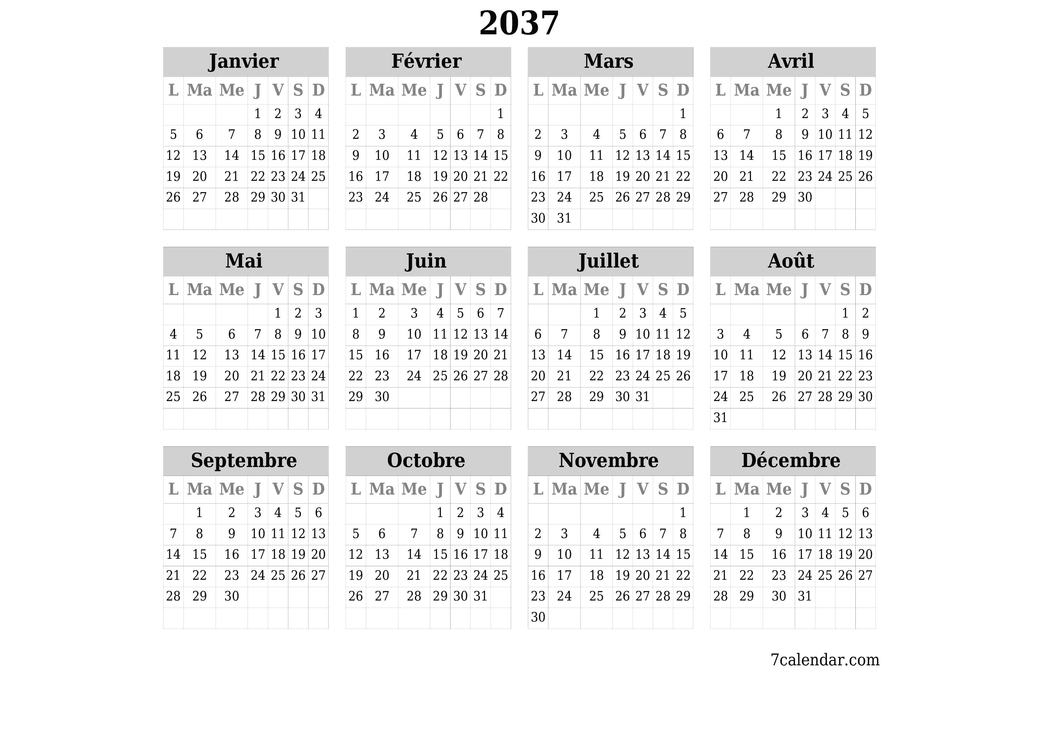 Calendrier annuel vide pour l'année 2037 avec notes, enregistrer et imprimer au format PDF PNG French