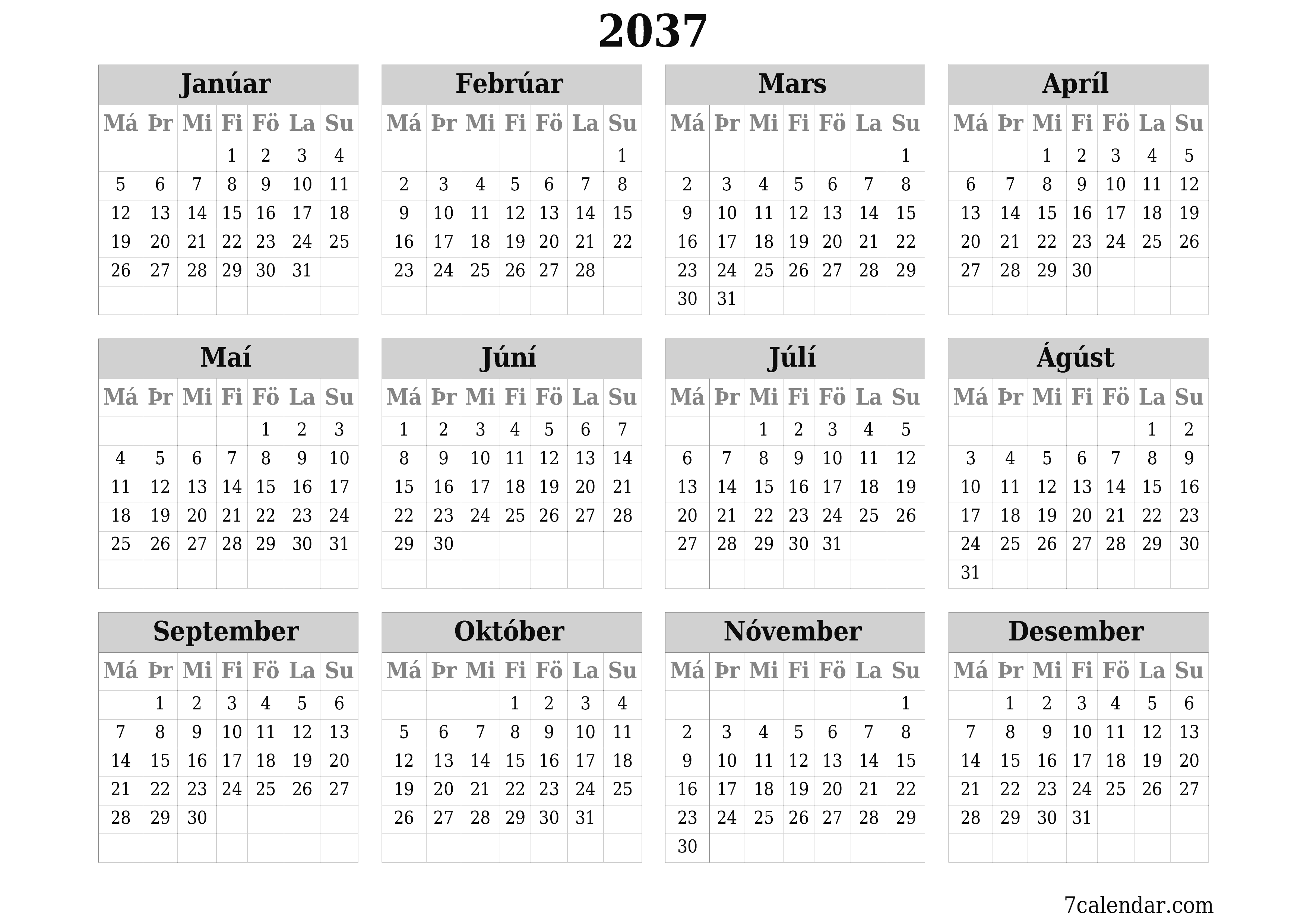 Tómt árlegt dagatal skipuleggjanda fyrir árið 2037 með athugasemdum, vista og prenta á PDF PNG Icelandic