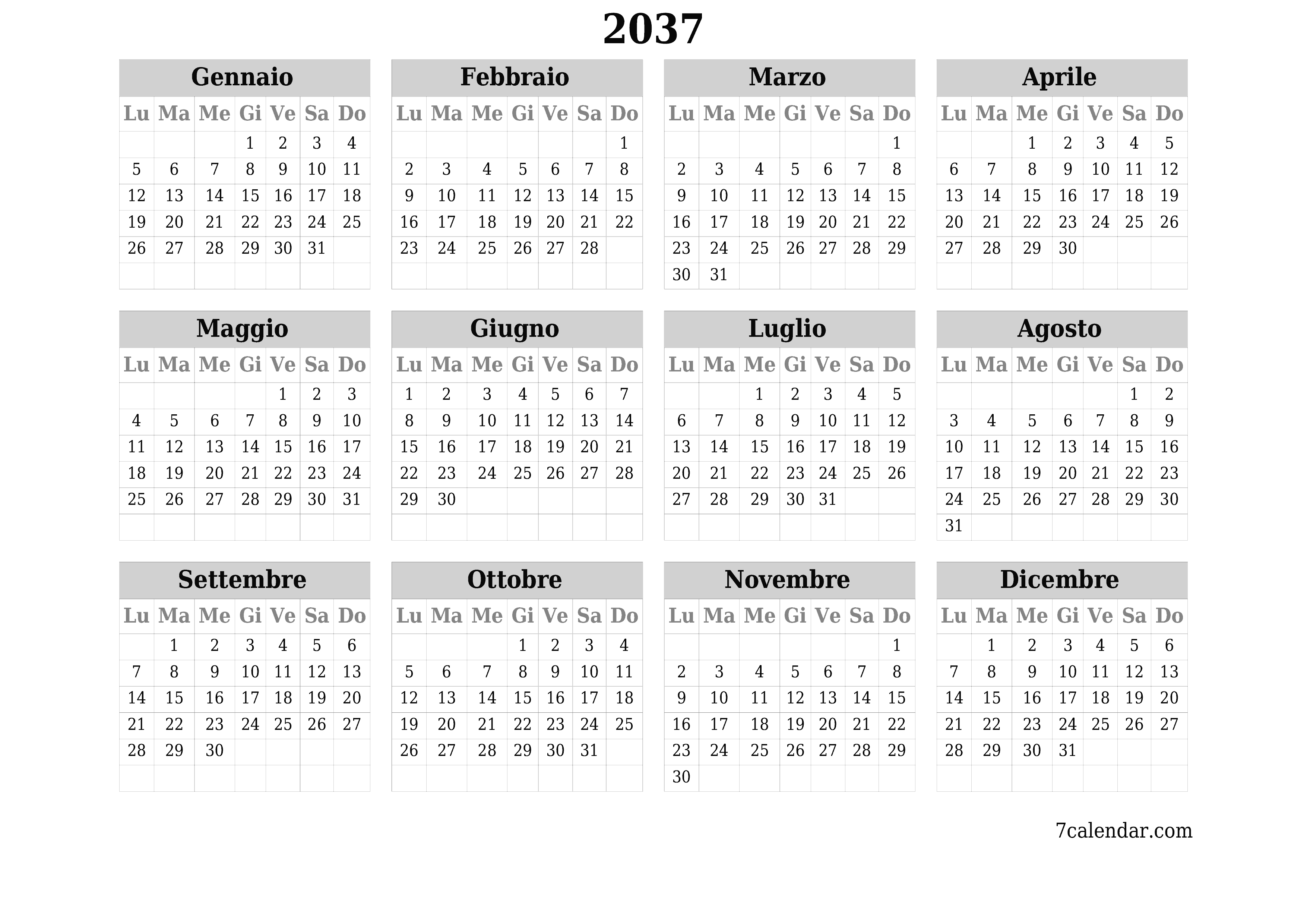 Calendario pianificatore annuale vuoto per l'anno 2037 con note, salva e stampa in PDF PNG Italian