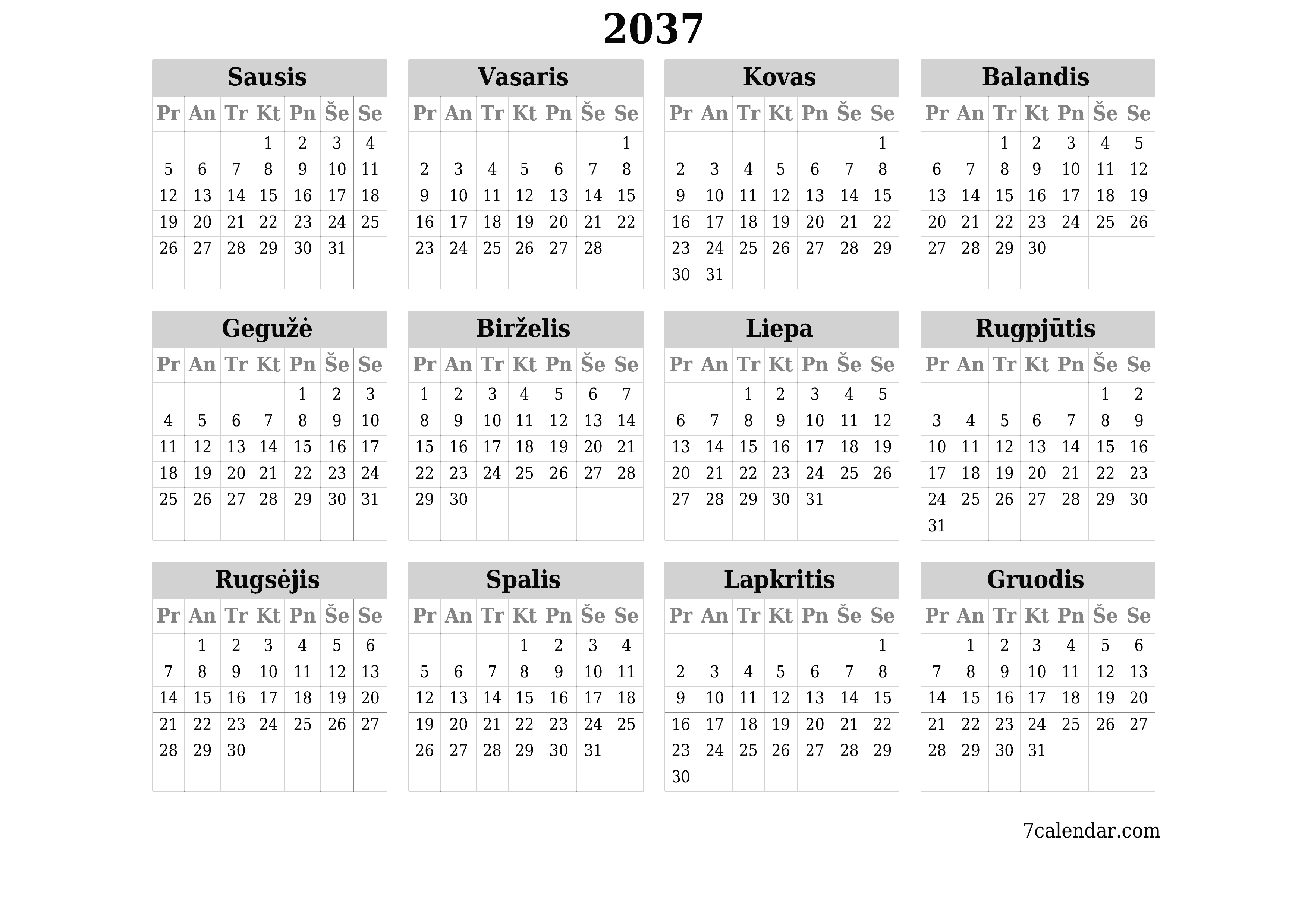 Tuščias metų planavimo kalendorius 2037 su užrašais, išsaugokite ir atsispausdinkite PDF formatu PNG Lithuanian