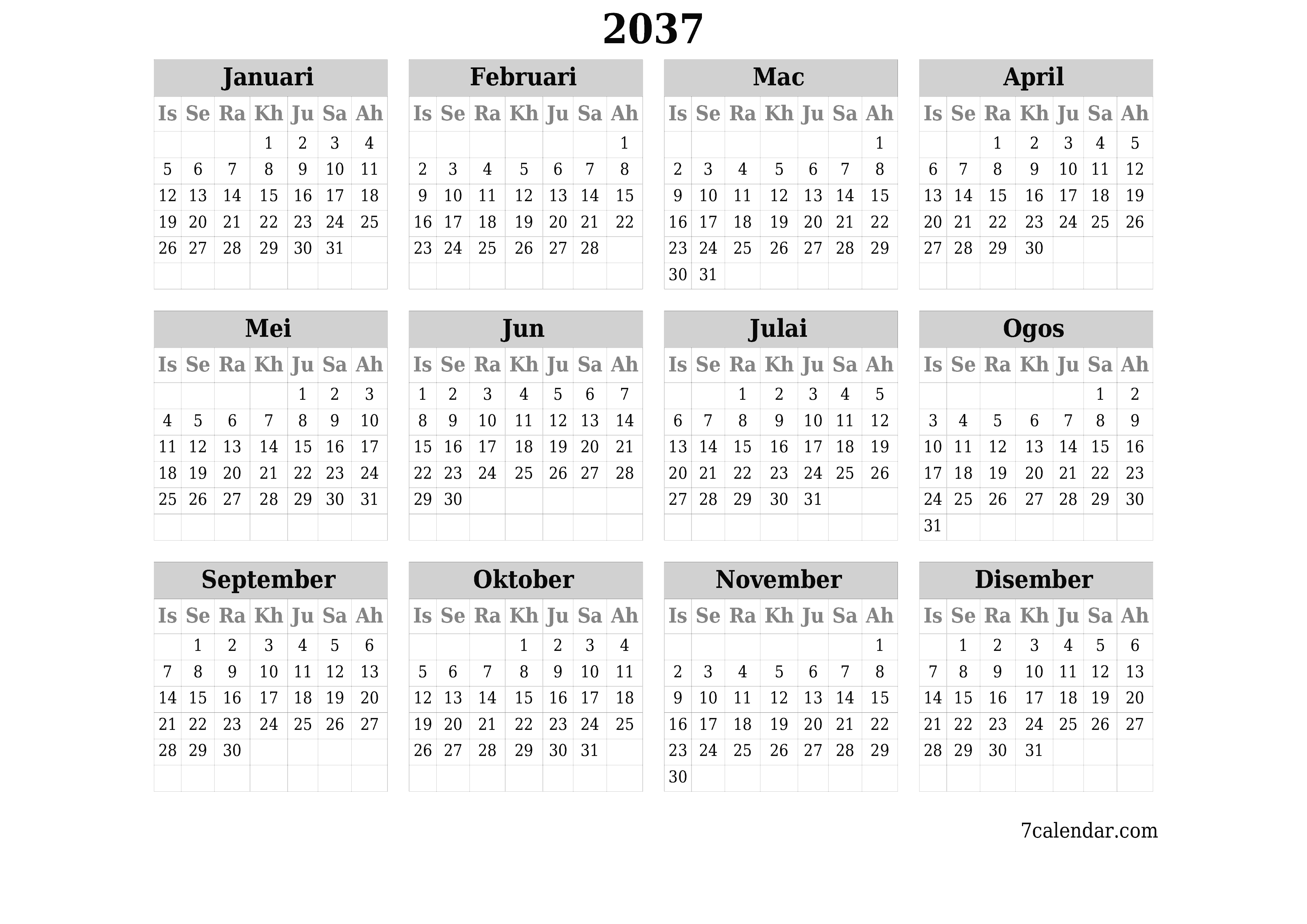 Kalendar perancang tahunan kosong untuk tahun ini 2037 dengan nota, simpan dan cetak ke PDF PNG Malay