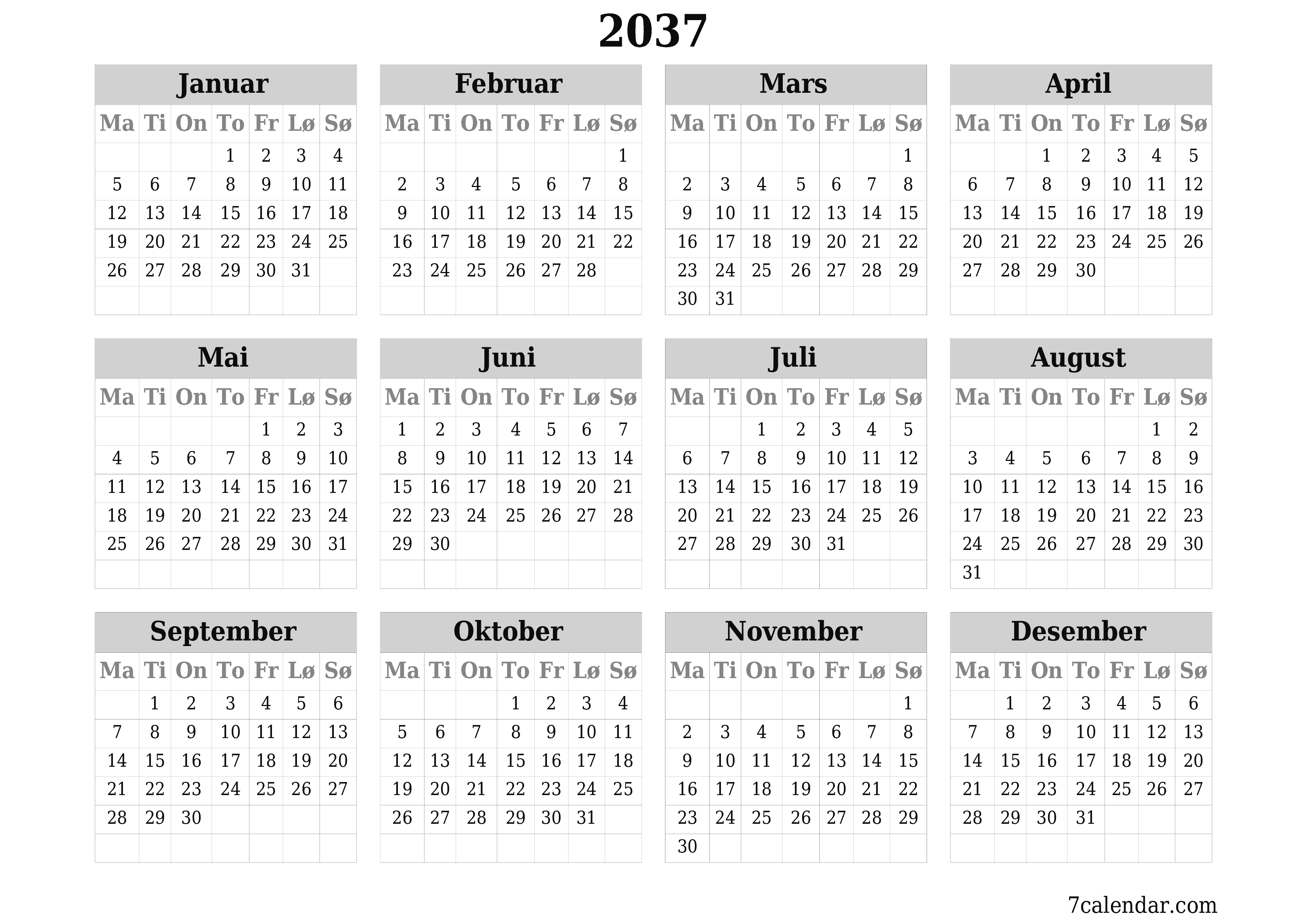 Tom årlig planleggerkalender for året 2037 med notater, lagre og skrive ut i PDF PNG Norwegian