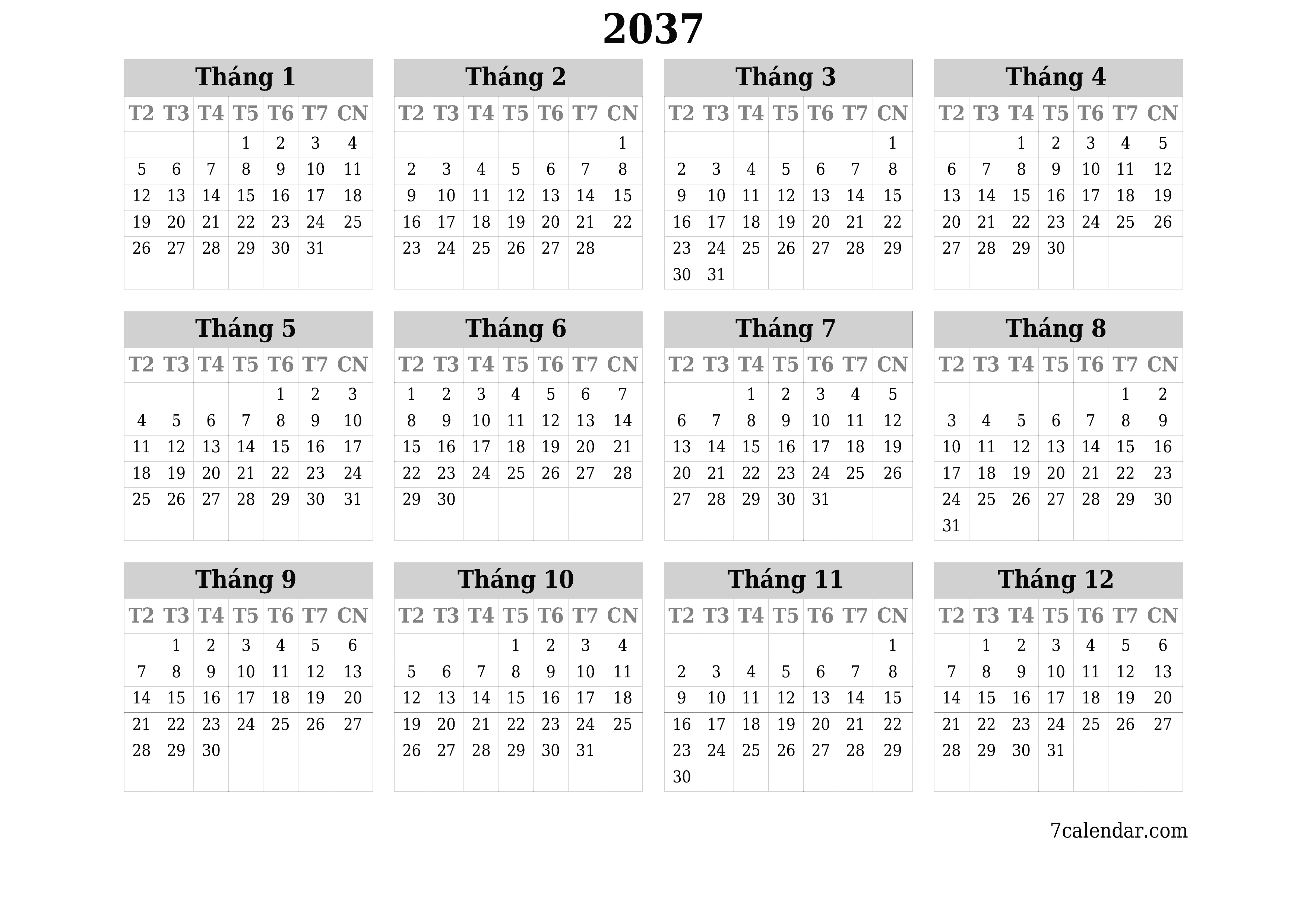 Lịch kế hoạch hàng năm trống cho năm 2037 có ghi chú, lưu và in sang PDF PNG Vietnamese