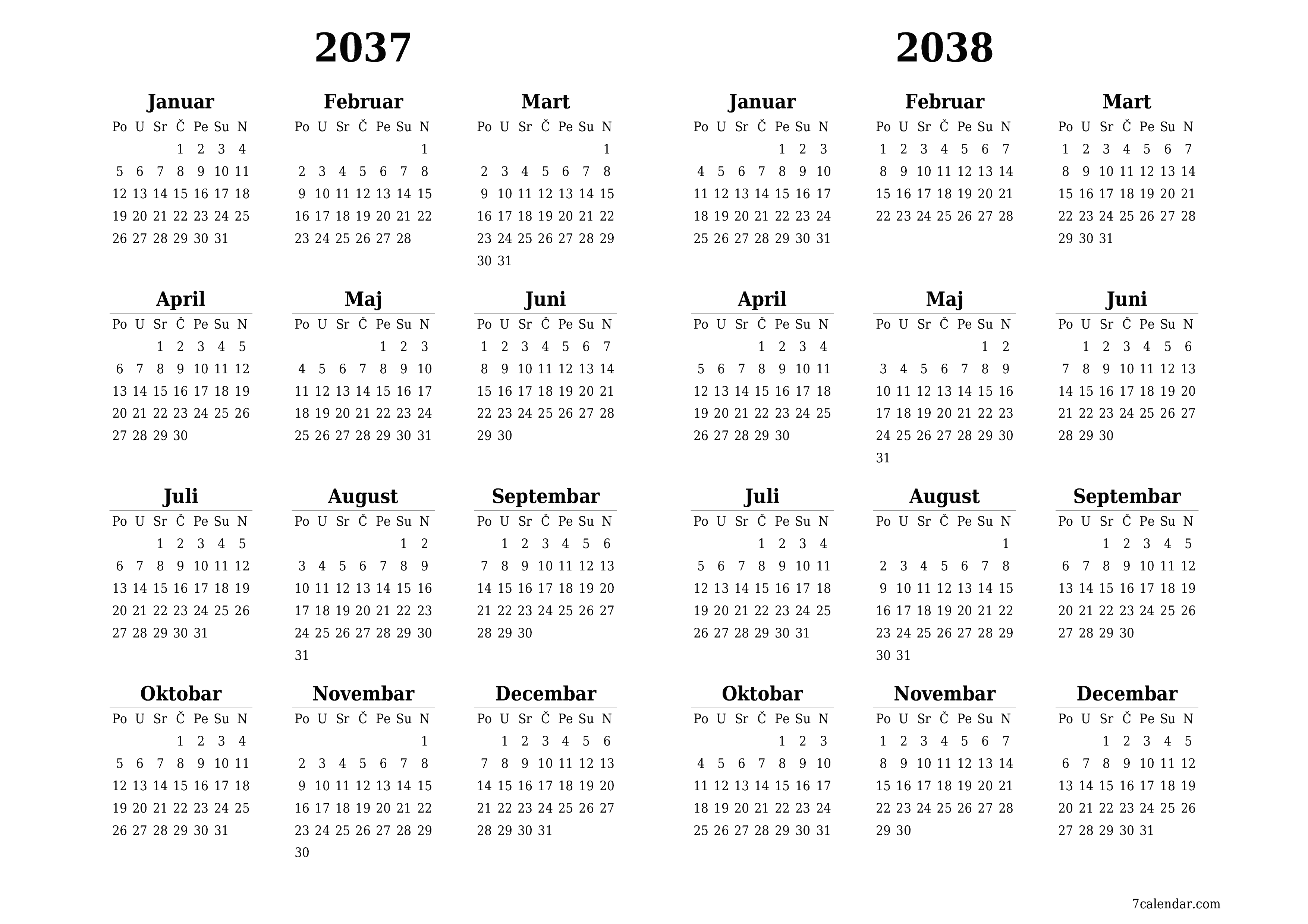 Ispraznite godišnji kalendar planera za godinu 2037, 2038 s bilješkama, spremite i ispišite u PDF PNG Bosnian