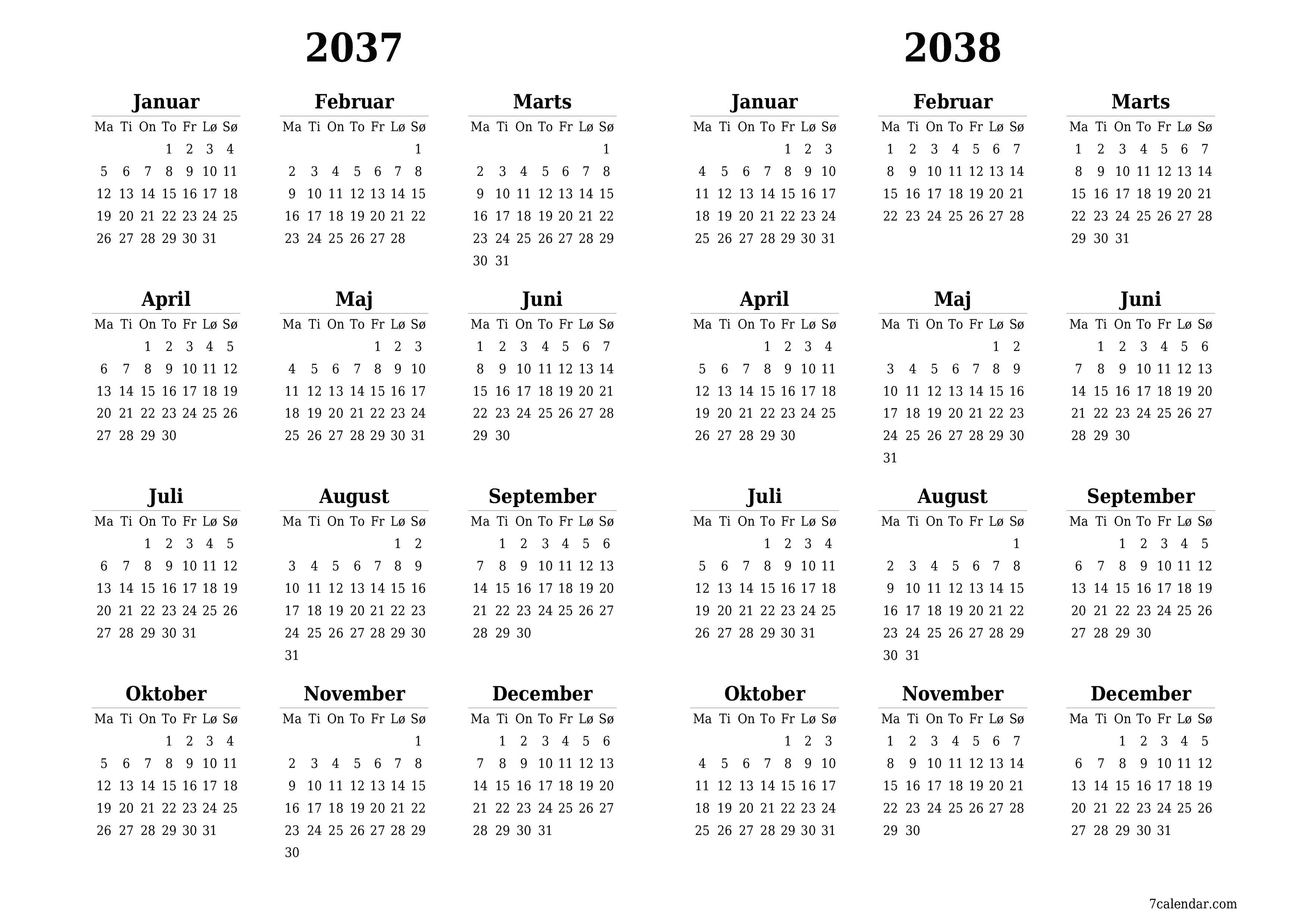 Tom årlig planlægningskalender for året 2037, 2038 med noter, gem og udskriv til PDF PNG Danish