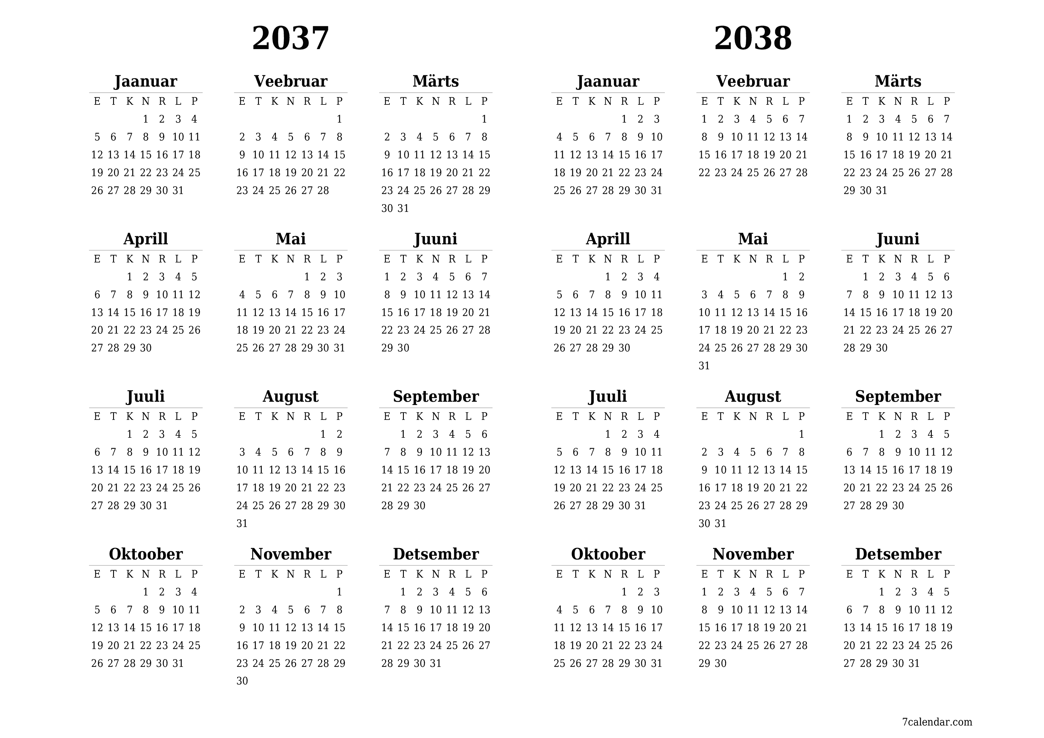 Tühi aasta planeerija kalender aastaks 2037, 2038 koos märkmetega, salvestage ja printige PDF-i PNG Estonian