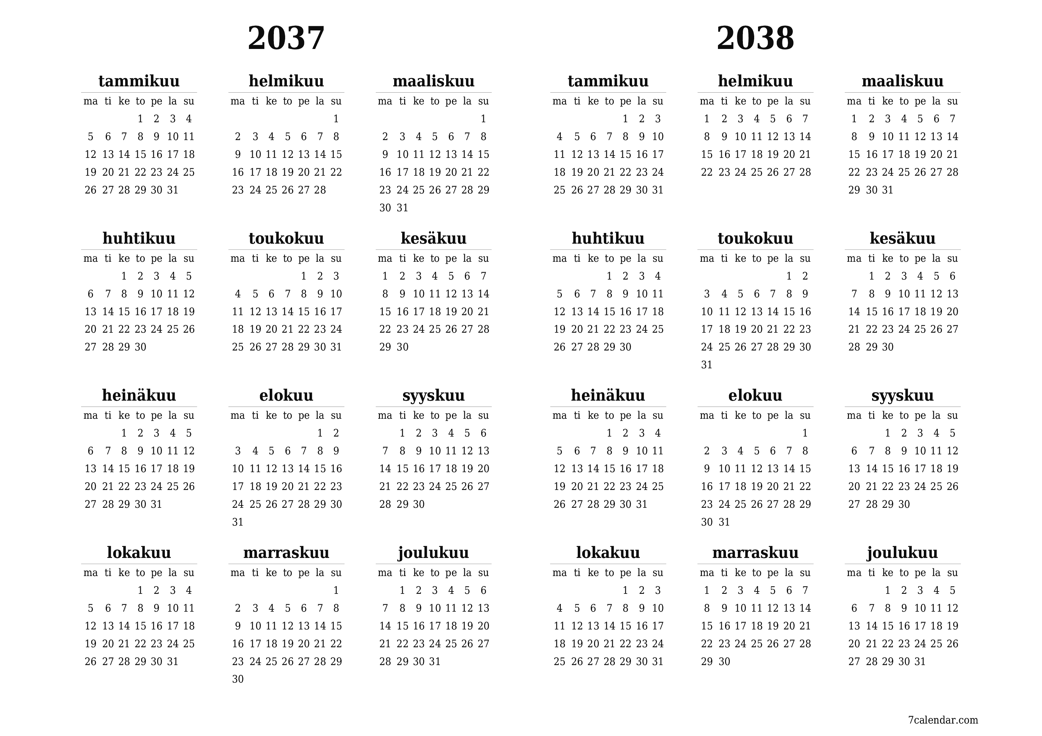 Tyhjä vuosisuunnittelukalenteri vuodelle 2037, 2038 muistiinpanoilla, tallenna ja tulosta PDF-muotoon PNG Finnish