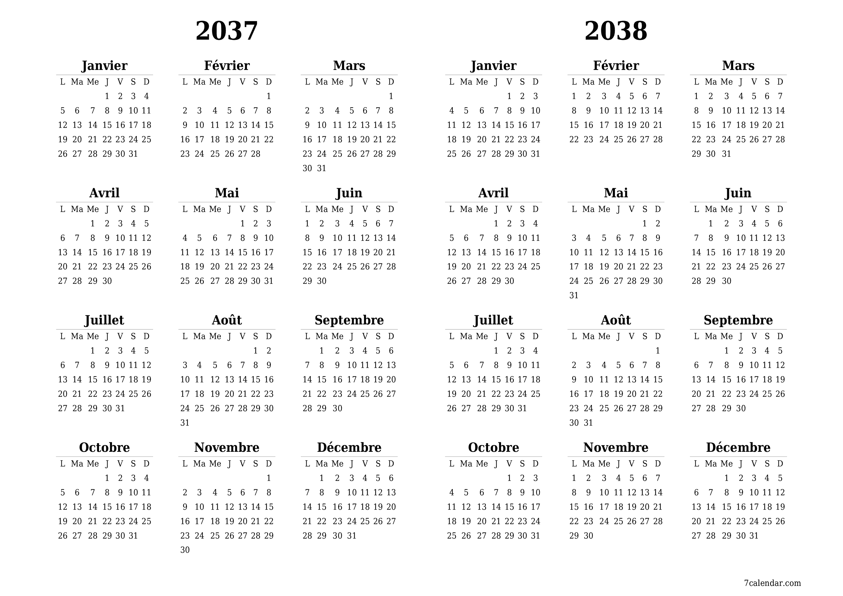 Calendrier annuel vide pour l'année 2037, 2038 avec notes, enregistrer et imprimer au format PDF PNG French