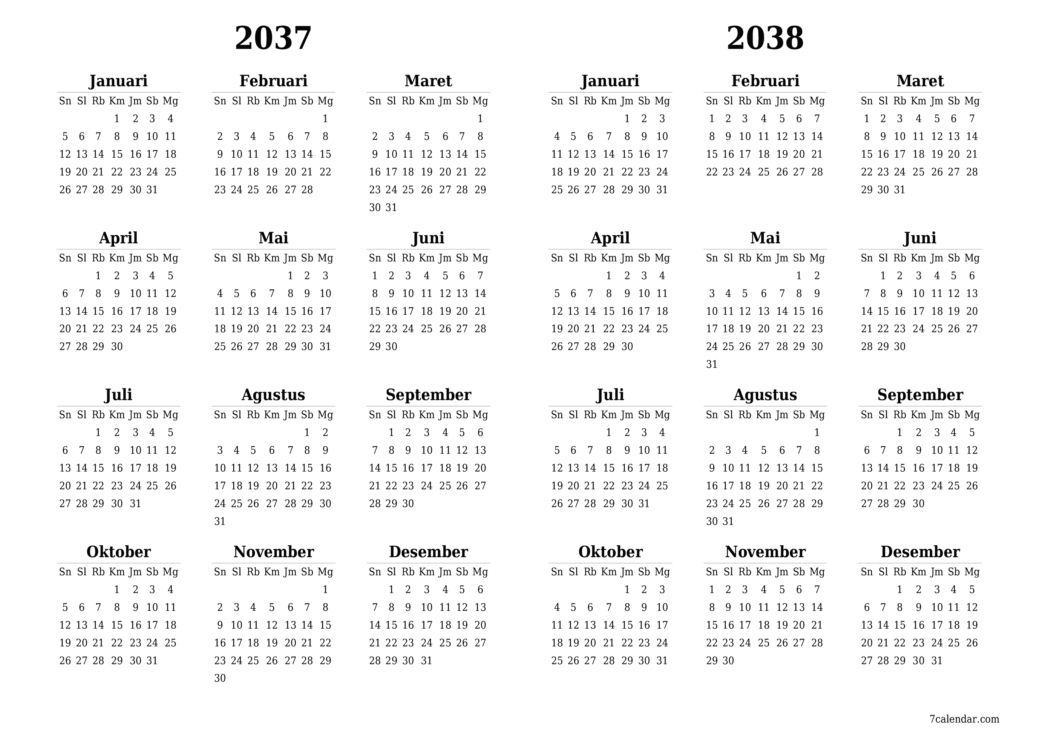 Kosongkan kalender perencana tahunan untuk tahun ini 2037, 2038 dengan catatan, simpan dan cetak ke PDF PNG Indonesian