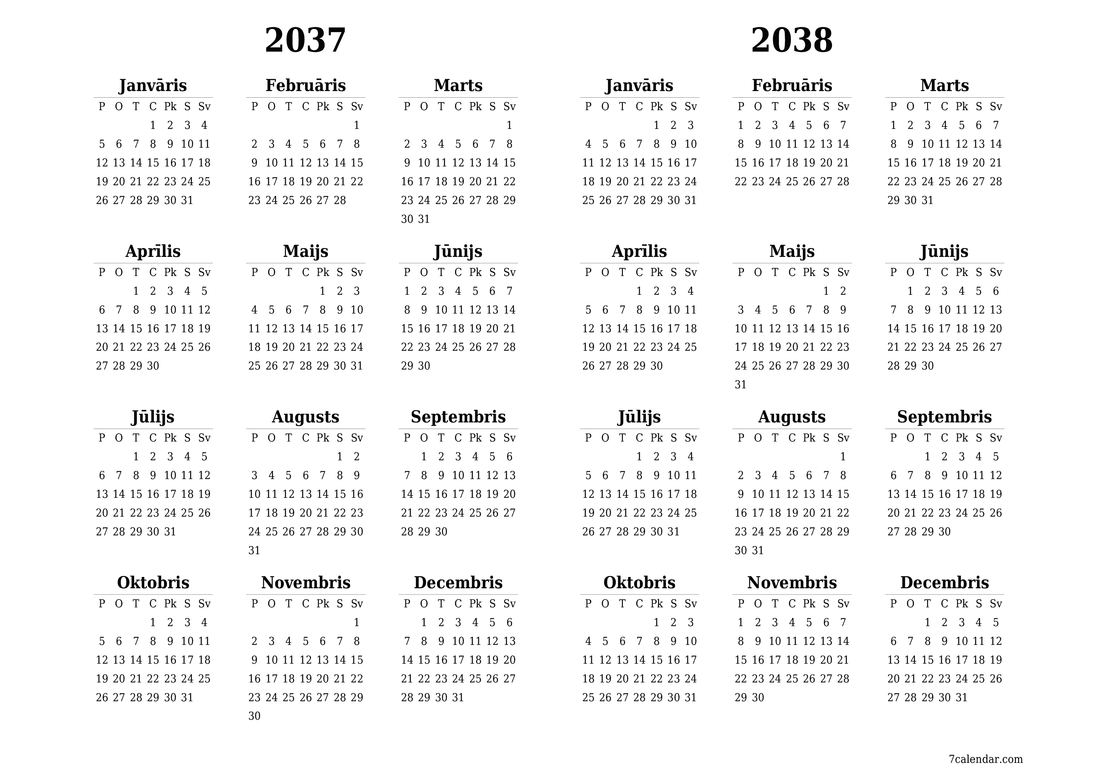 Tukšs gada plānotāja kalendārs gadam 2037, 2038 ar piezīmēm, saglabāšana un izdrukāšana PDF formātā PNG Latvian