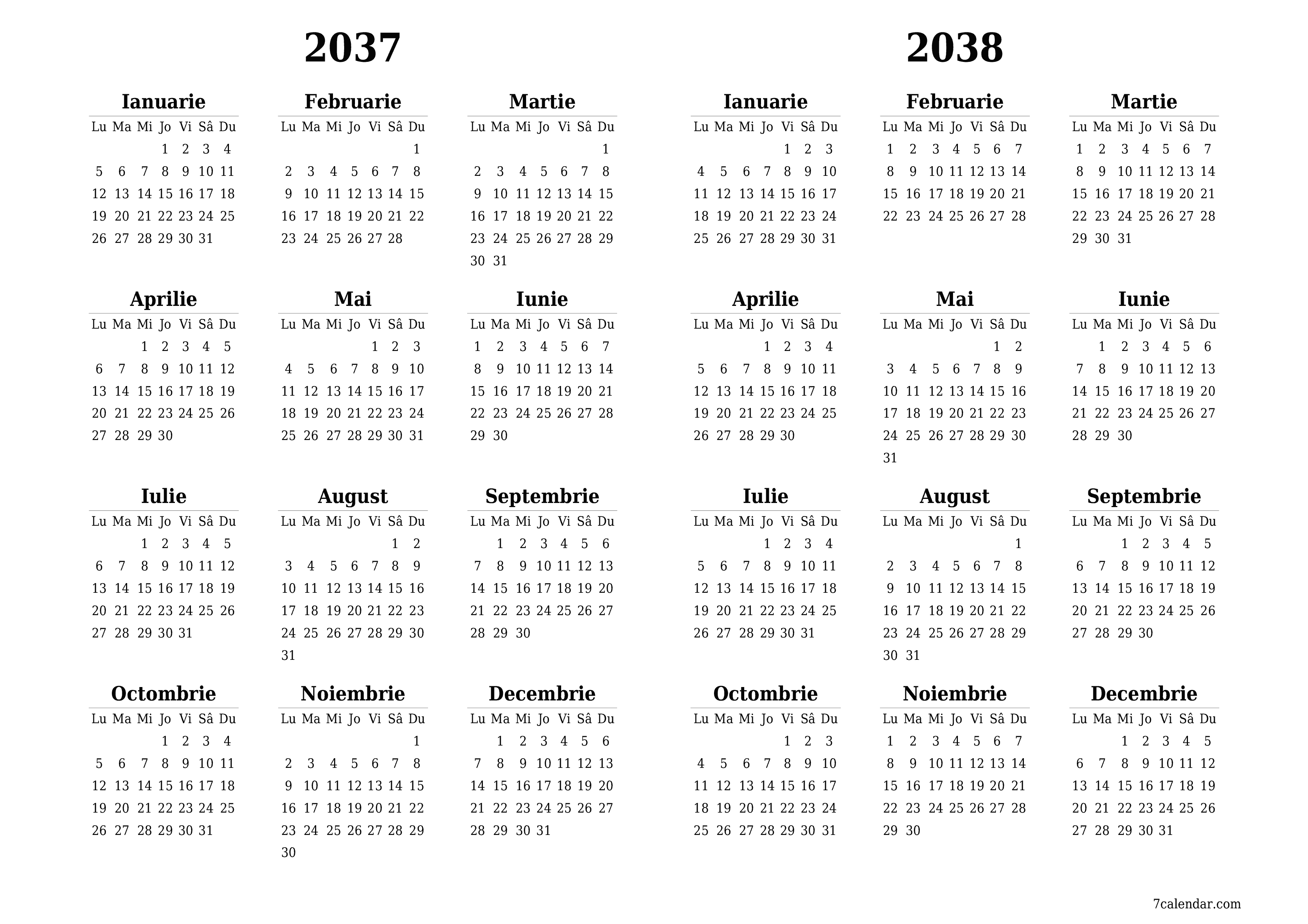 Goliți calendarul anual al planificatorului pentru anul 2037, 2038 cu note, salvați și tipăriți în PDF PNG Romanian