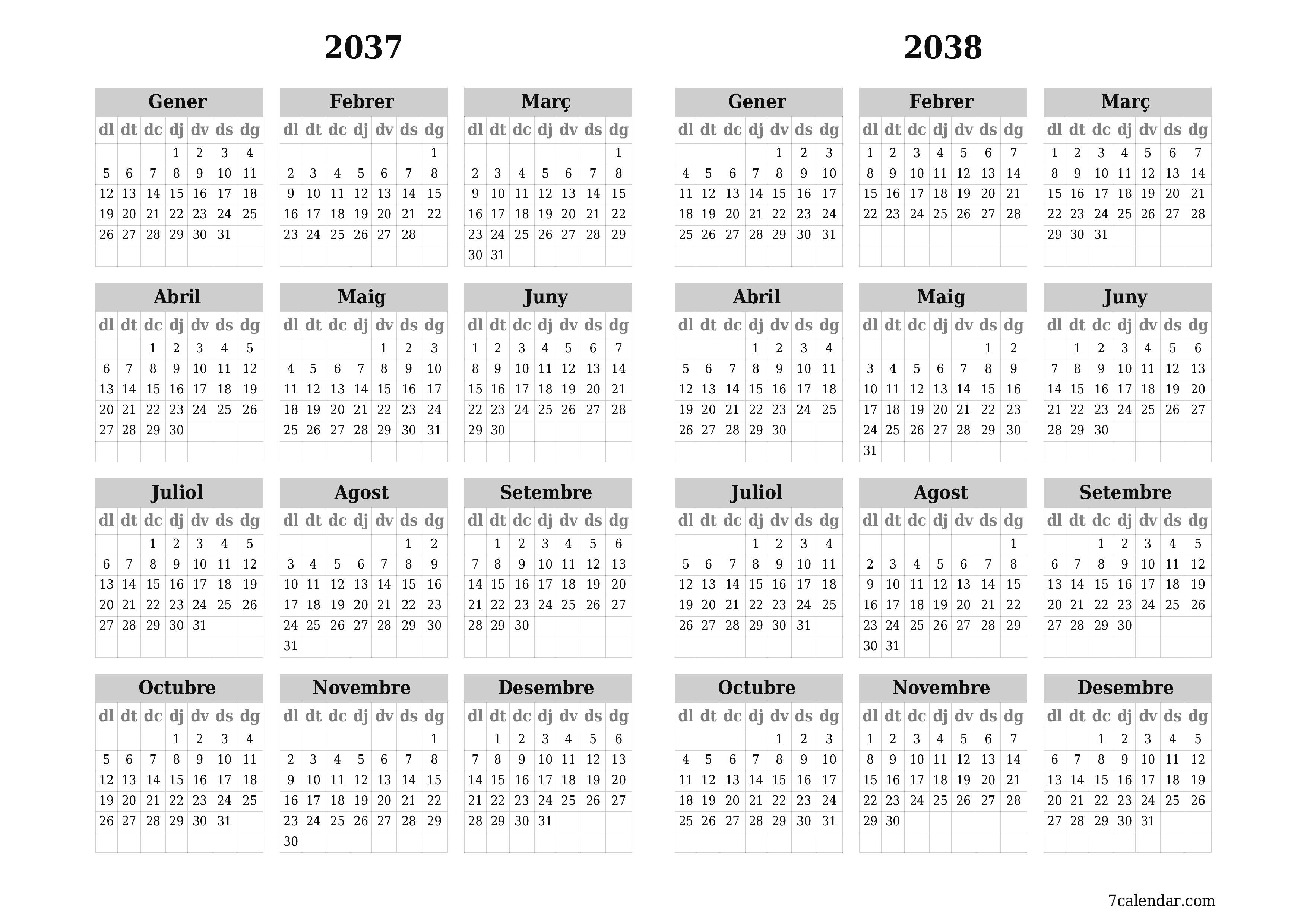 Planificador anual buit 2037, 2038 amb notes desades i imprimides en PDF PNG Catalan