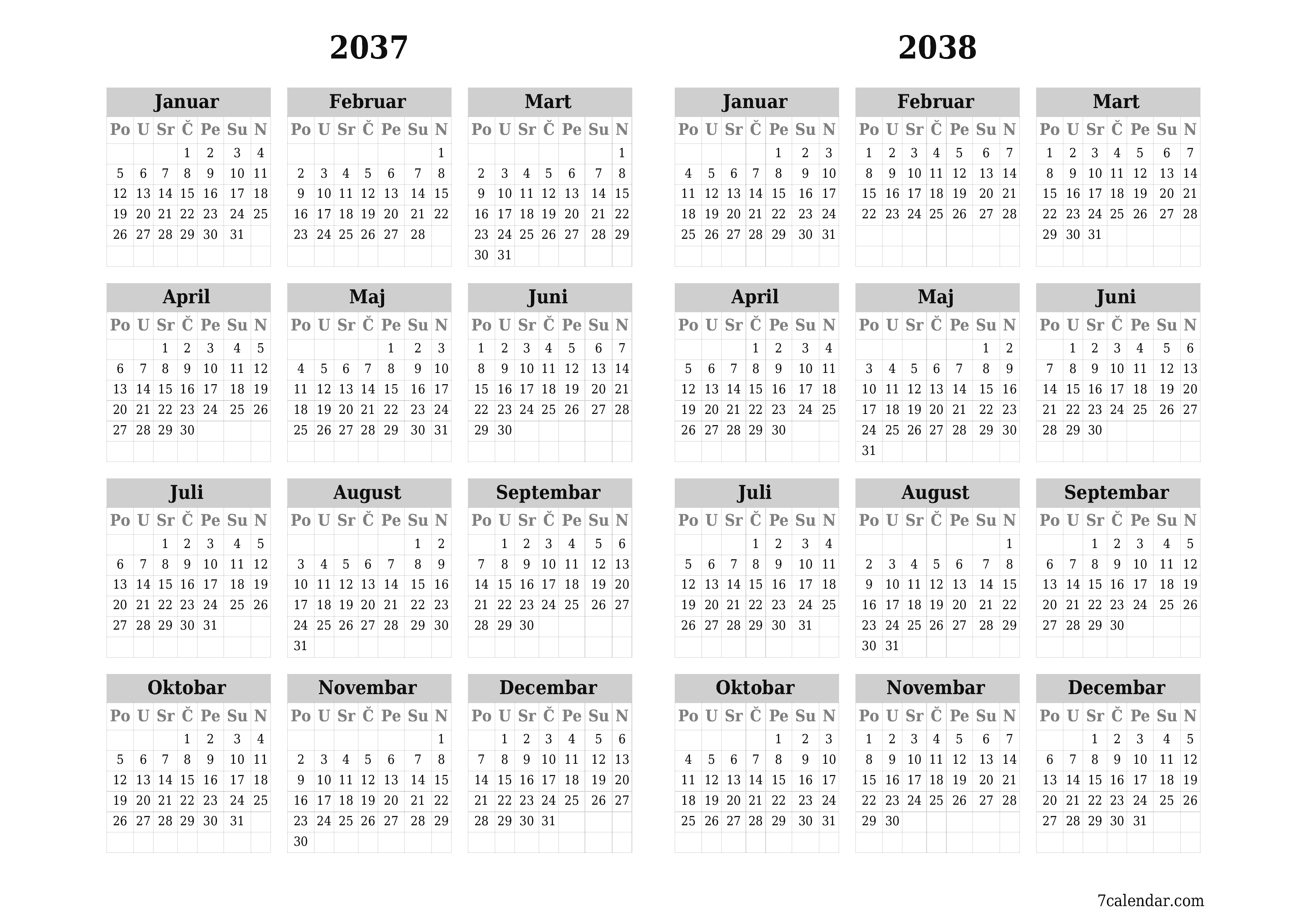 Ispraznite godišnji kalendar planera za godinu 2037, 2038 s bilješkama, spremite i ispišite u PDF PNG Bosnian