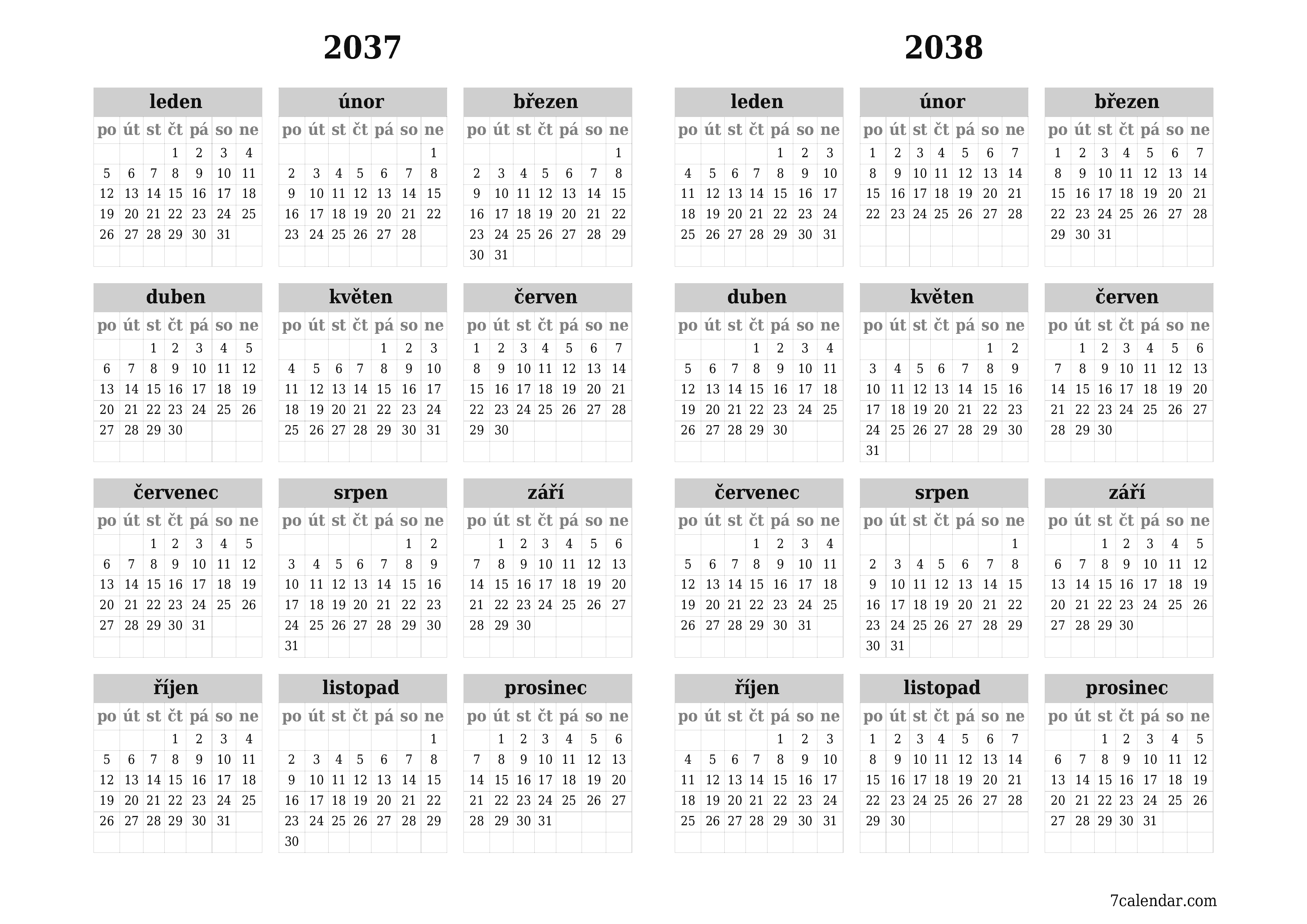 Prázdný roční kalendář plánovače pro rok 2037, 2038 s poznámkami, uložením a tiskem do PDF PNG Czech