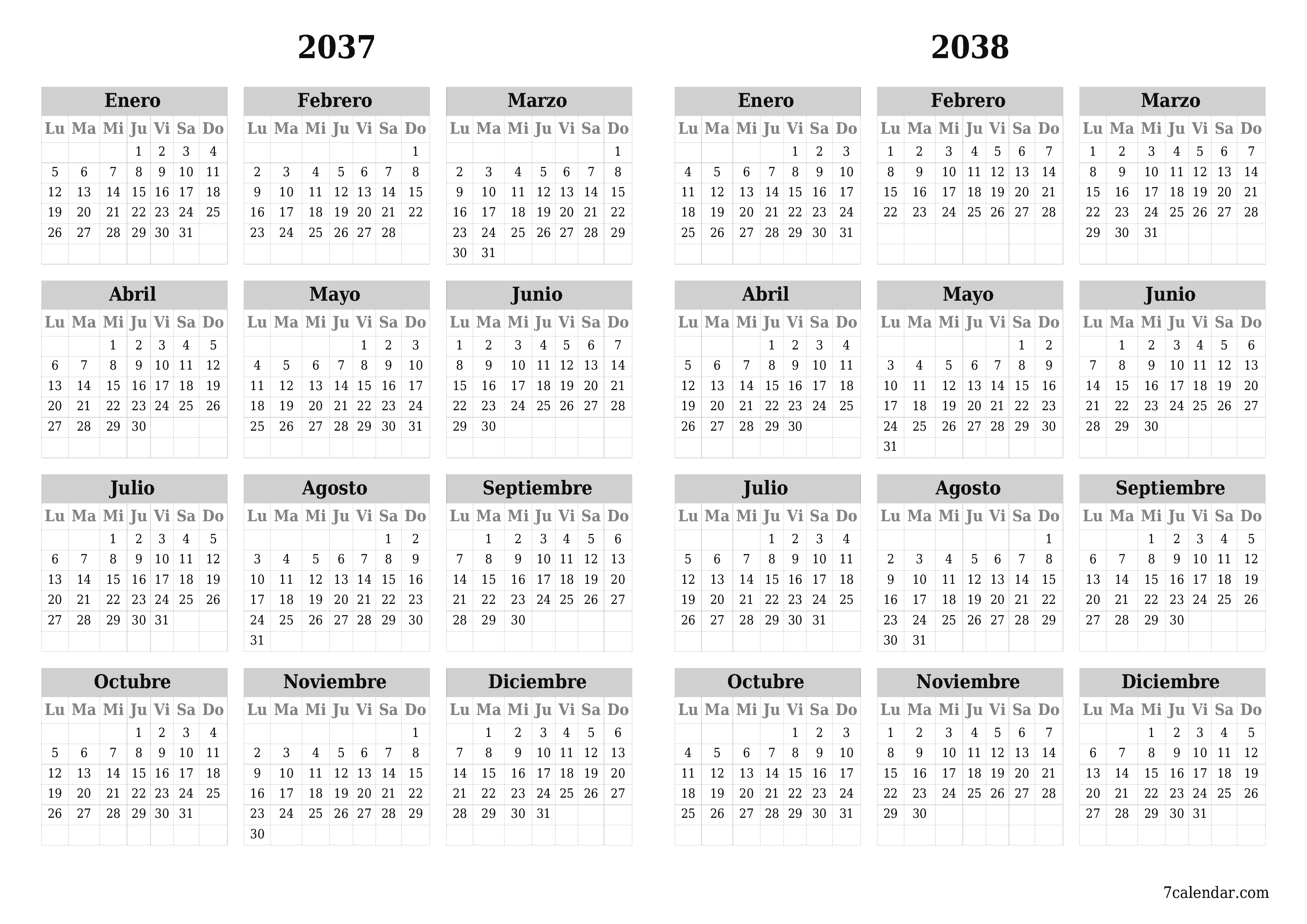 Calendario planificador anual vacío para el año 2037, 2038 con notas, guardar e imprimir en PDF PNG Spanish