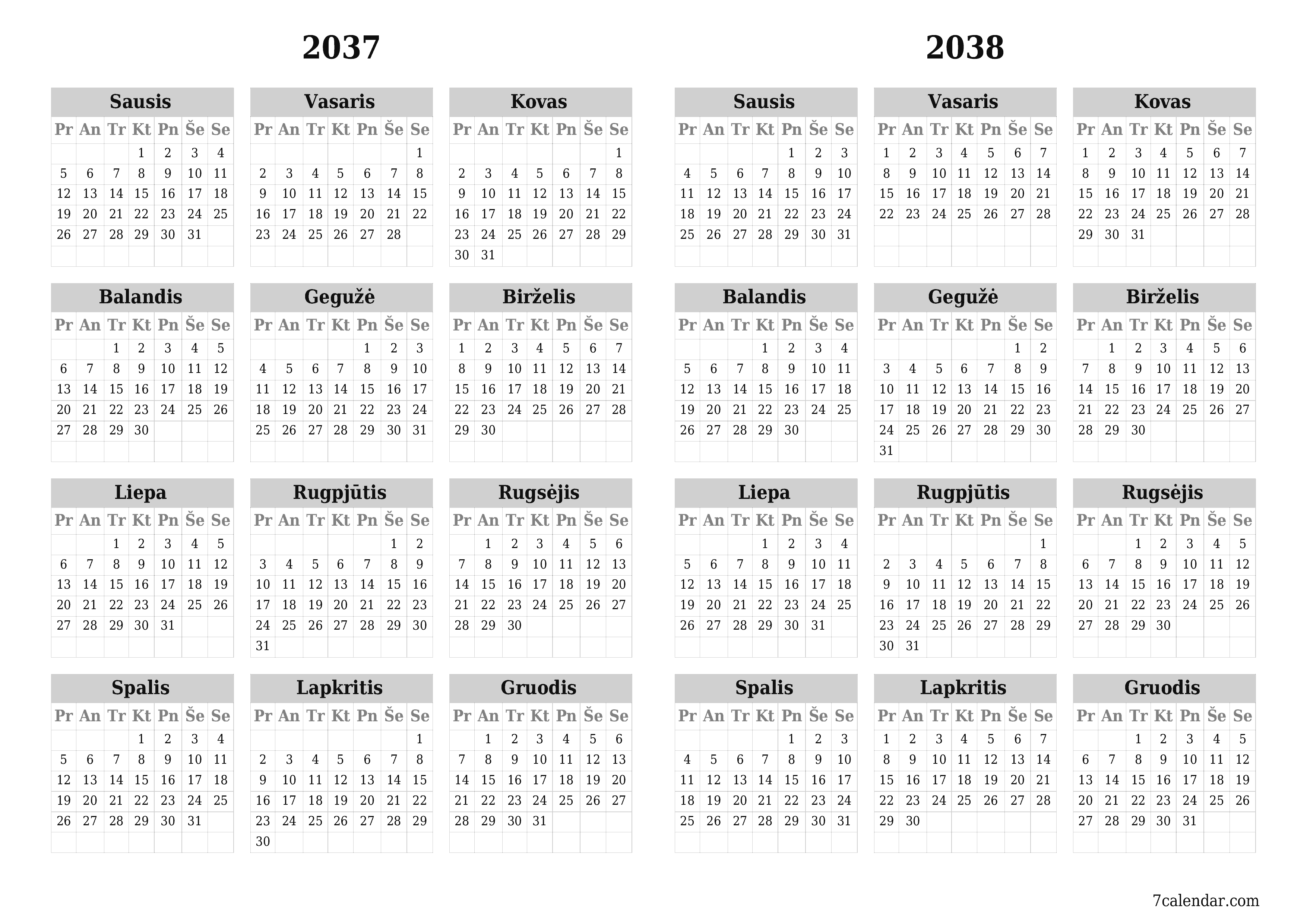 Tuščias metų planavimo kalendorius 2037, 2038 su užrašais, išsaugokite ir atsispausdinkite PDF formatu PNG Lithuanian