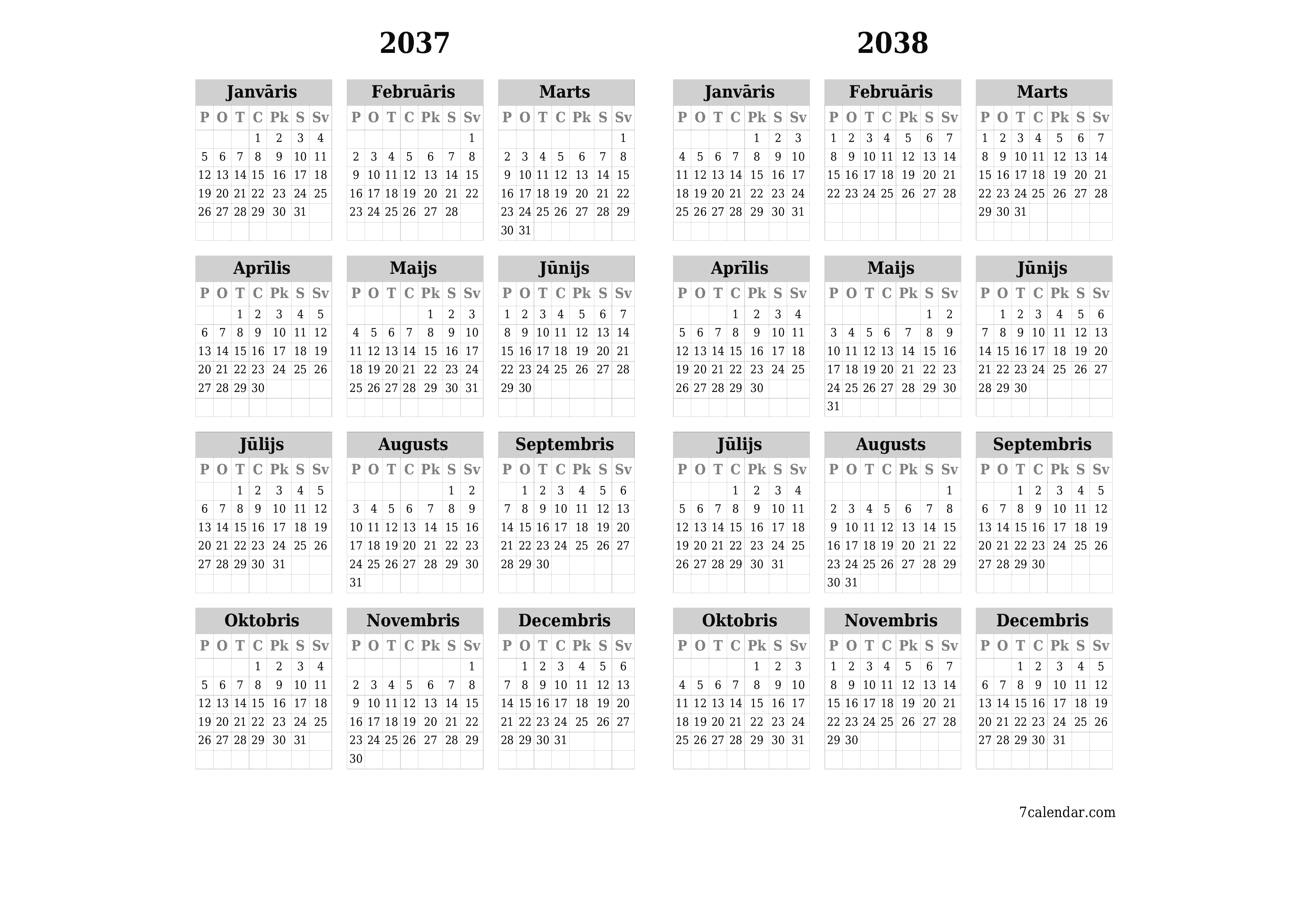 Tukšs gada plānotāja kalendārs gadam 2037, 2038 ar piezīmēm, saglabāšana un izdrukāšana PDF formātā PNG Latvian
