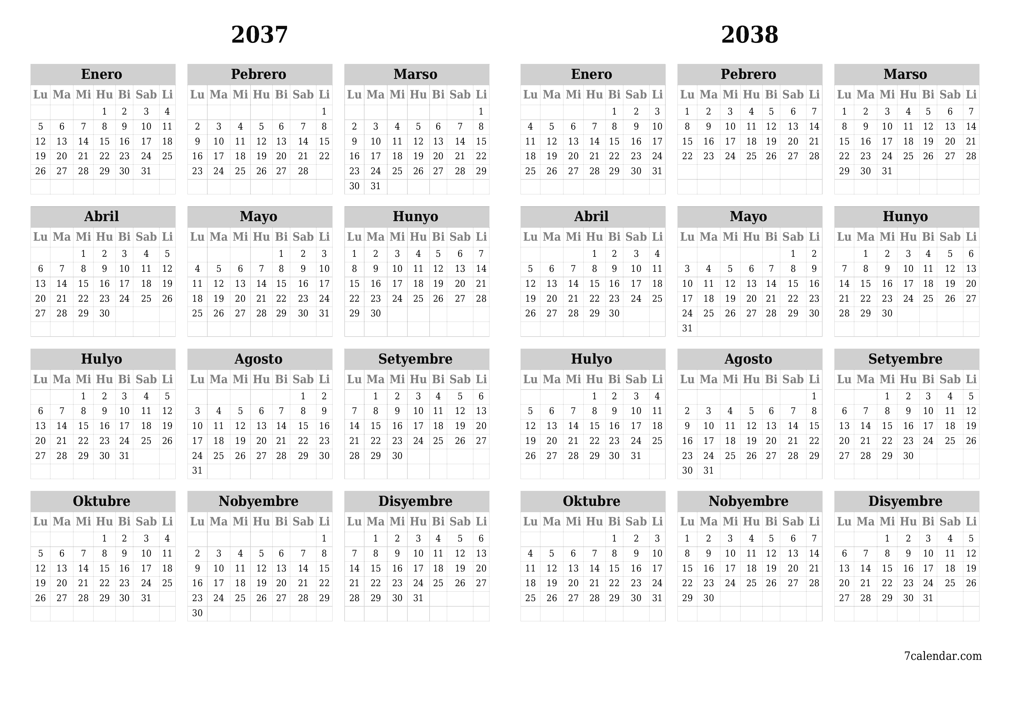 Walang laman ang taunang kalendaryo ng tagaplano para sa taong 2037, 2038 na may mga tala, i-save at i-print sa PDF PNG Filipino