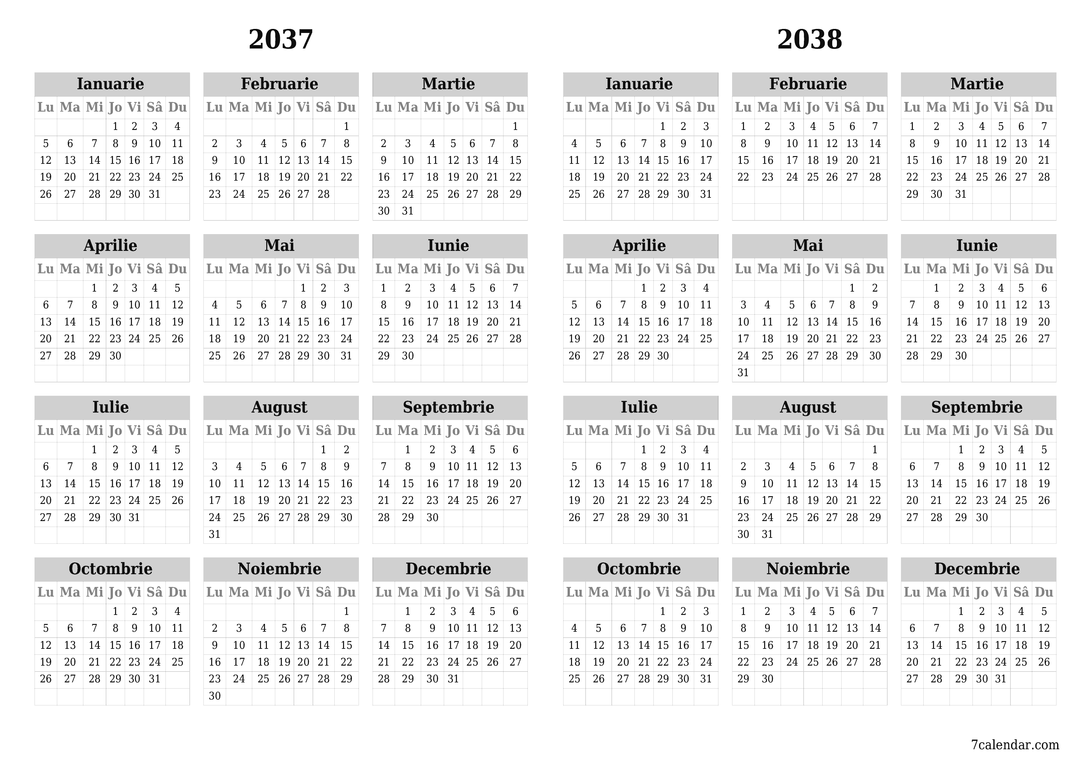 Goliți calendarul anual al planificatorului pentru anul 2037, 2038 cu note, salvați și tipăriți în PDF PNG Romanian