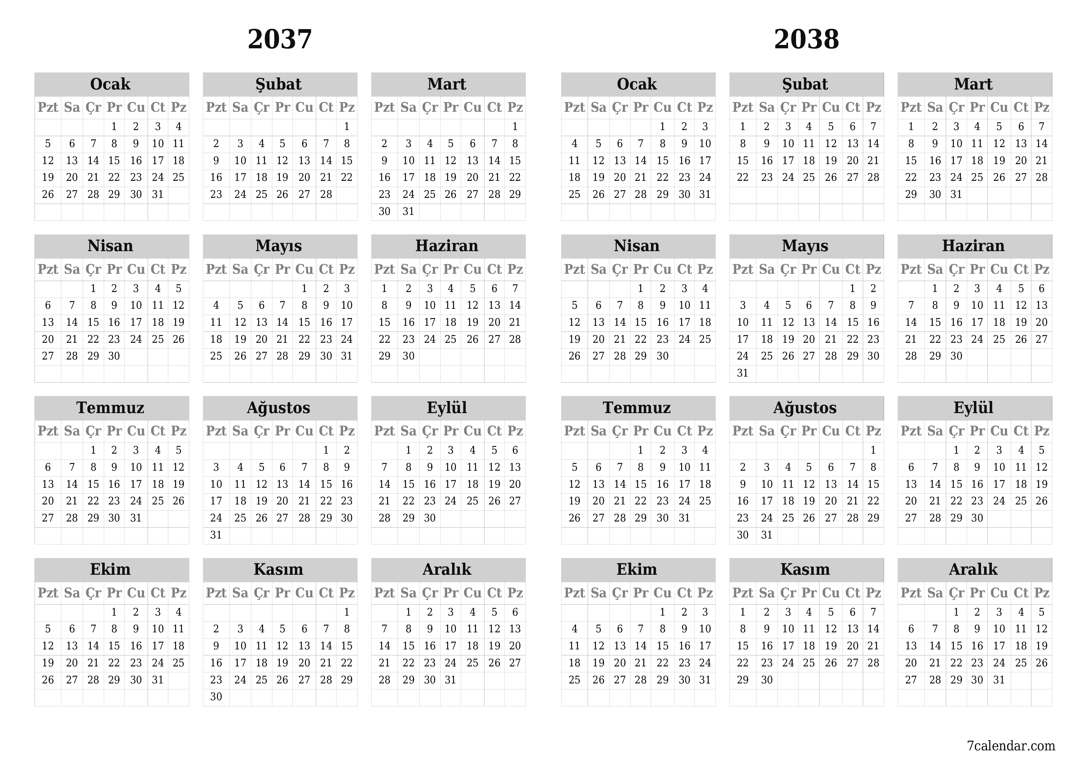 Notlarla 2037, 2038 yıl için yıllık planlayıcı takvimini boşaltın, kaydedin ve PDF olarak yazdırın PNG Turkish