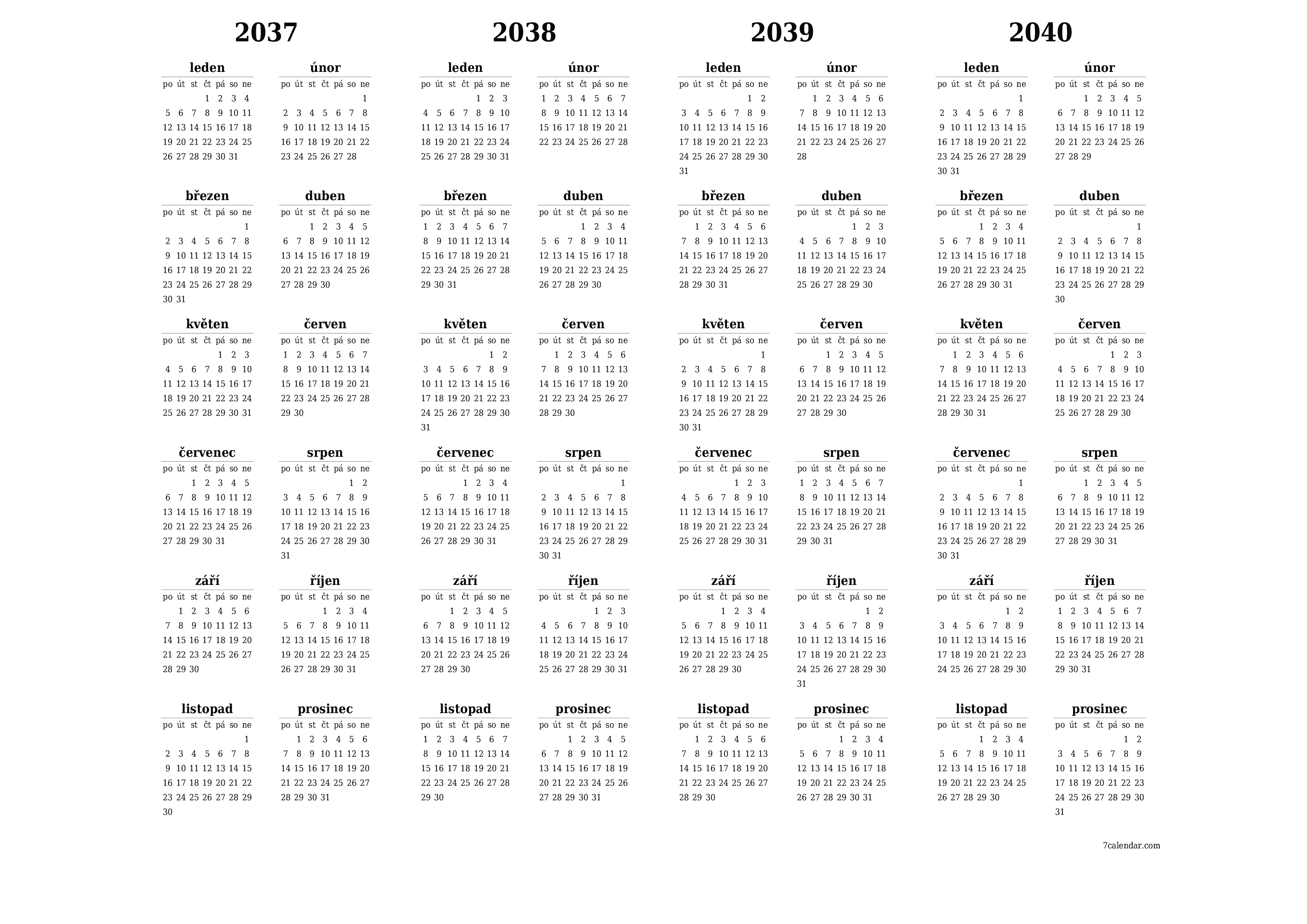 Prázdný roční kalendář plánovače pro rok 2037, 2038, 2039, 2040 s poznámkami, uložením a tiskem do PDF PNG Czech