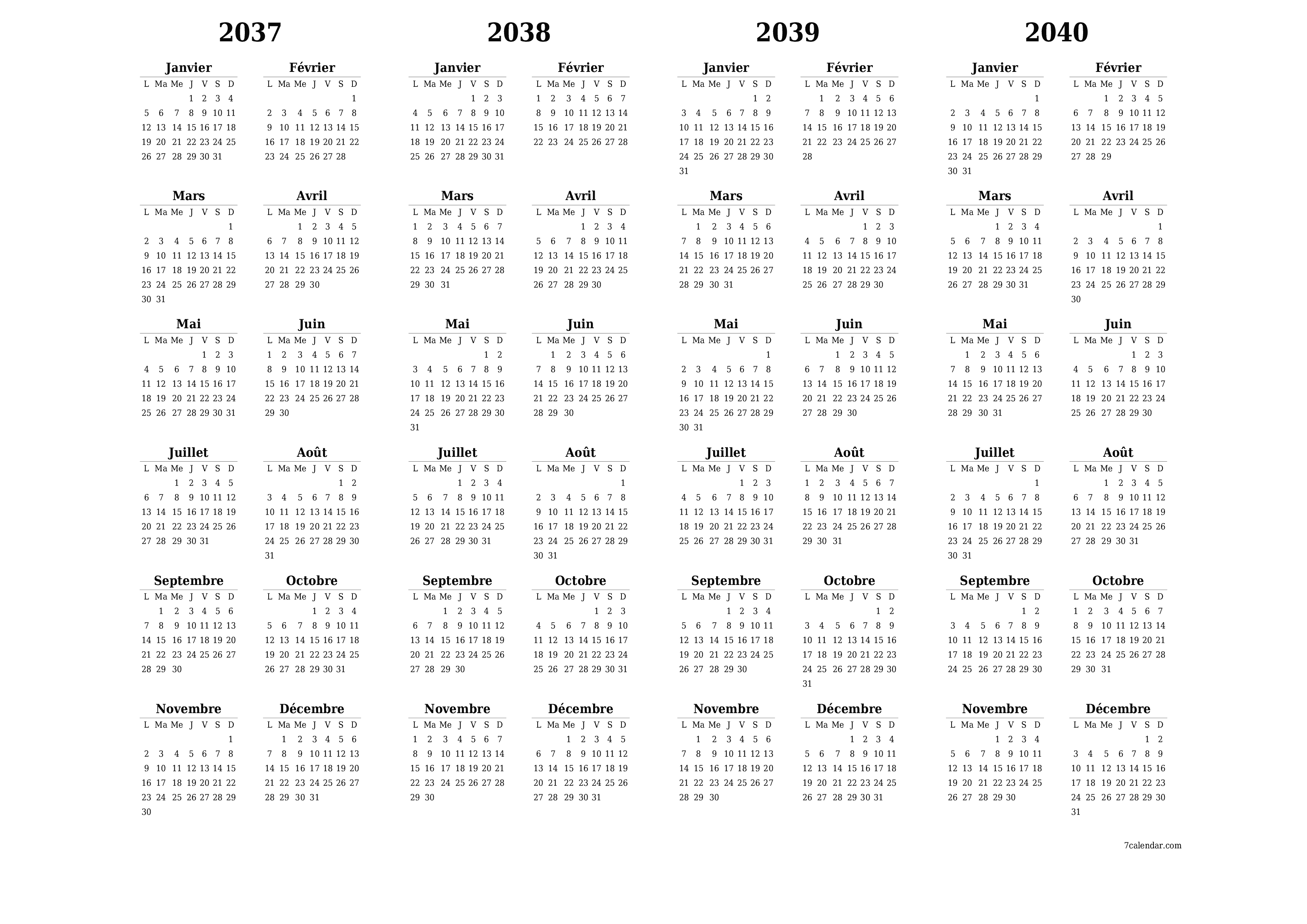 Calendrier annuel vide pour l'année 2037, 2038, 2039, 2040 avec notes, enregistrer et imprimer au format PDF PNG French