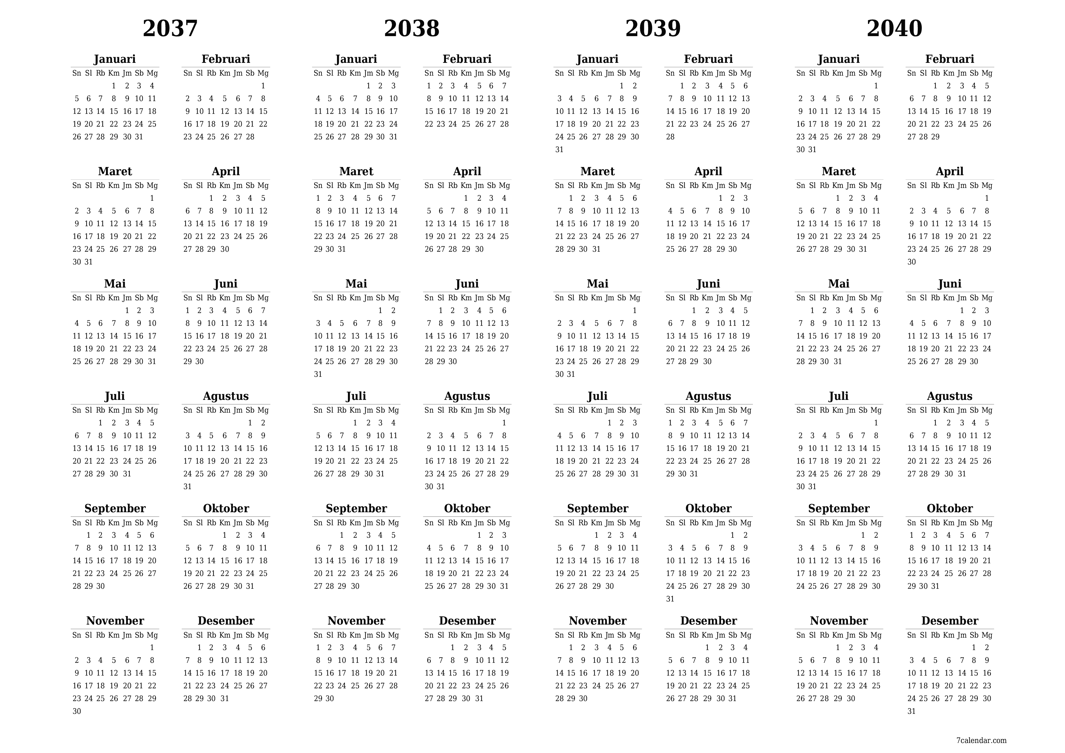 Kosongkan kalender perencana tahunan untuk tahun ini 2037, 2038, 2039, 2040 dengan catatan, simpan dan cetak ke PDF PNG Indonesian