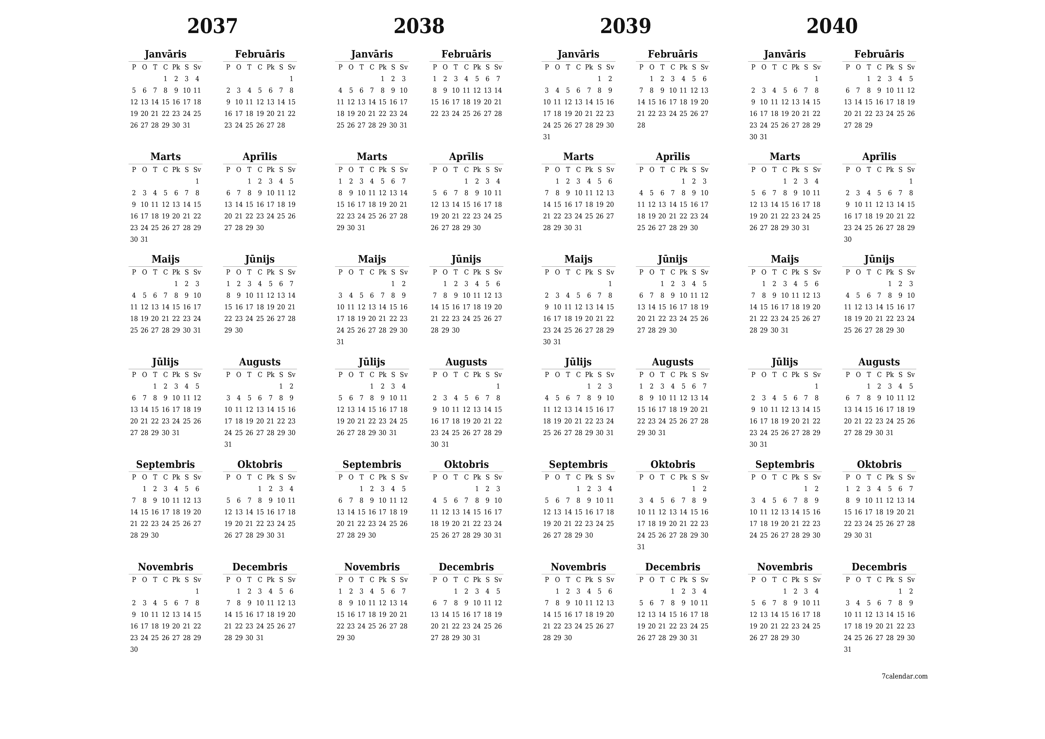 Tukšs gada plānotāja kalendārs gadam 2037, 2038, 2039, 2040 ar piezīmēm, saglabāšana un izdrukāšana PDF formātā PNG Latvian