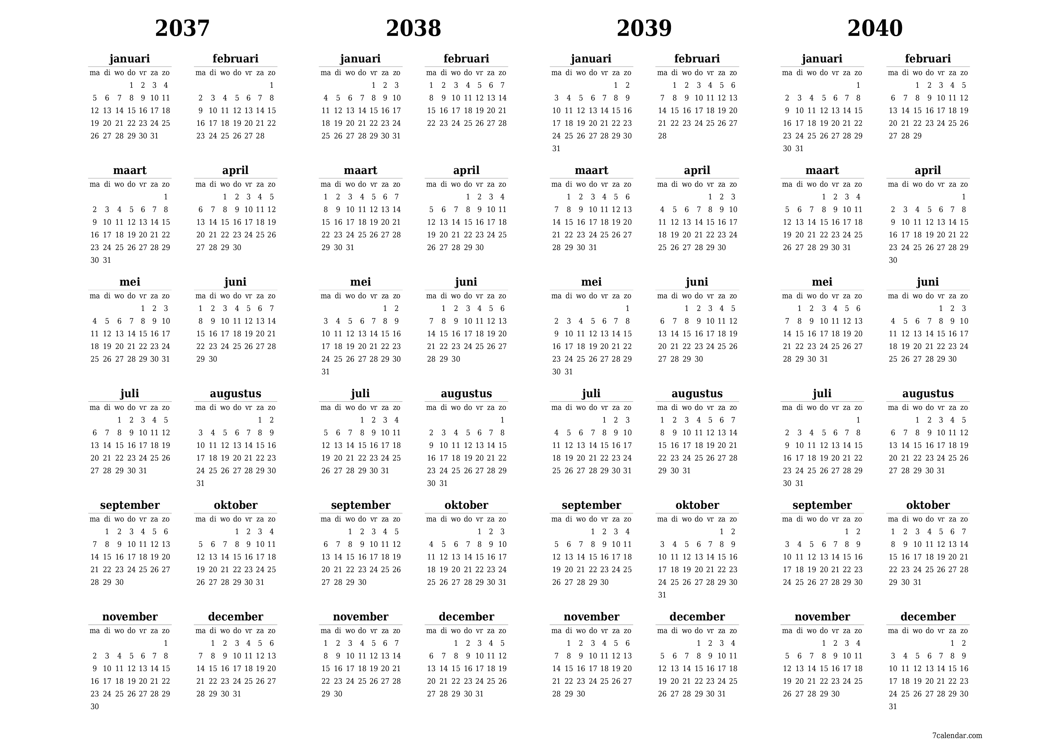 Lege jaarplanningskalender voor het jaar 2037, 2038, 2039, 2040 met notities, opslaan en afdrukken naar pdf PNG Dutch