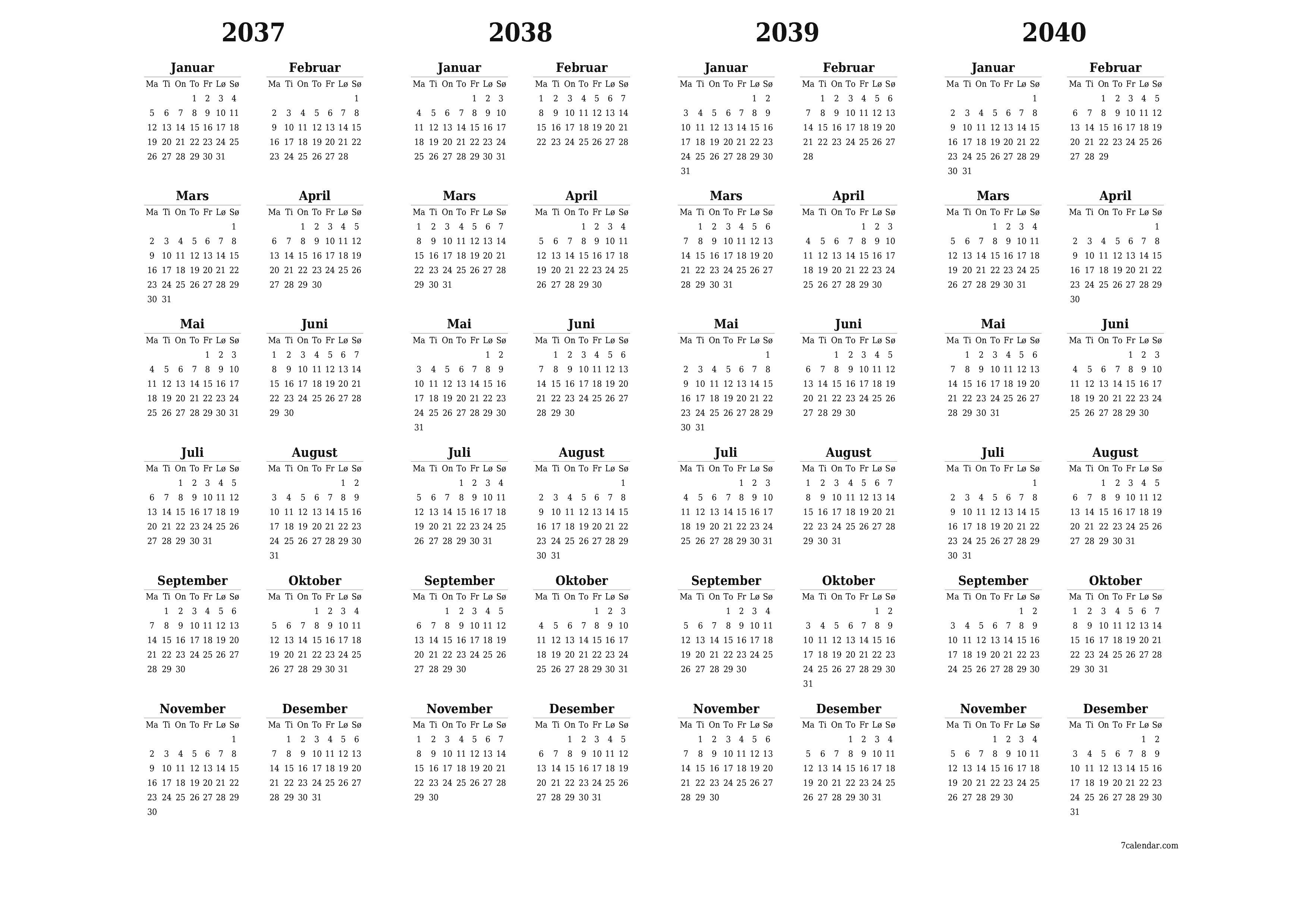 Tom årlig planleggerkalender for året 2037, 2038, 2039, 2040 med notater, lagre og skrive ut i PDF PNG Norwegian