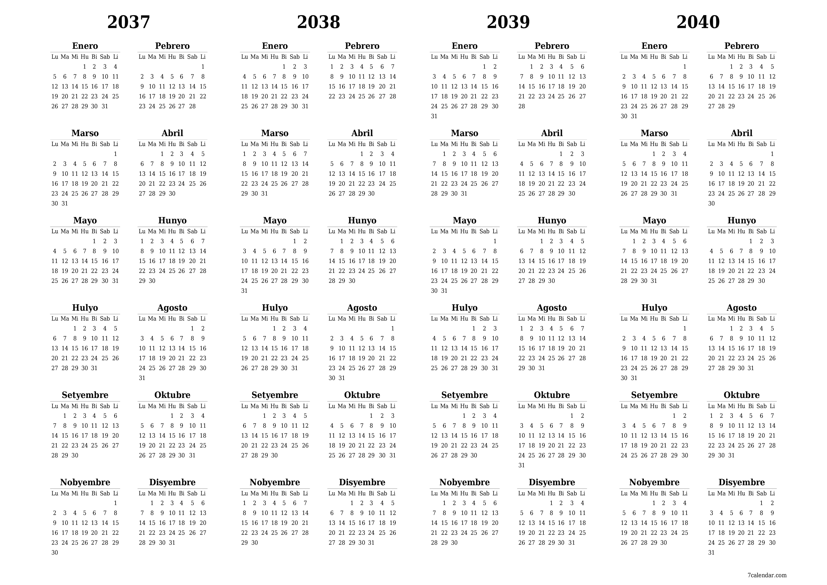 Walang laman ang taunang kalendaryo ng tagaplano para sa taong 2037, 2038, 2039, 2040 na may mga tala, i-save at i-print sa PDF PNG Filipino