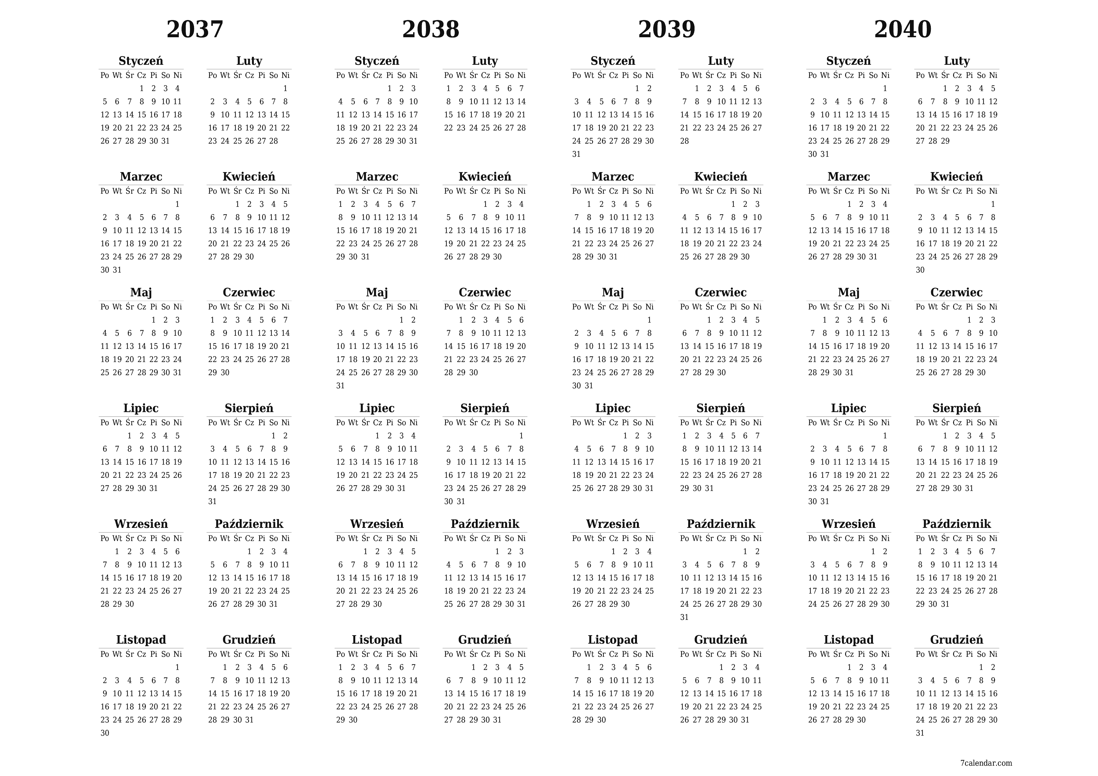 Opróżnij kalendarz rocznego planowania na rok 2037, 2038, 2039, 2040 z notatkami, zapisz i wydrukuj w formacie PDF PNG Polish