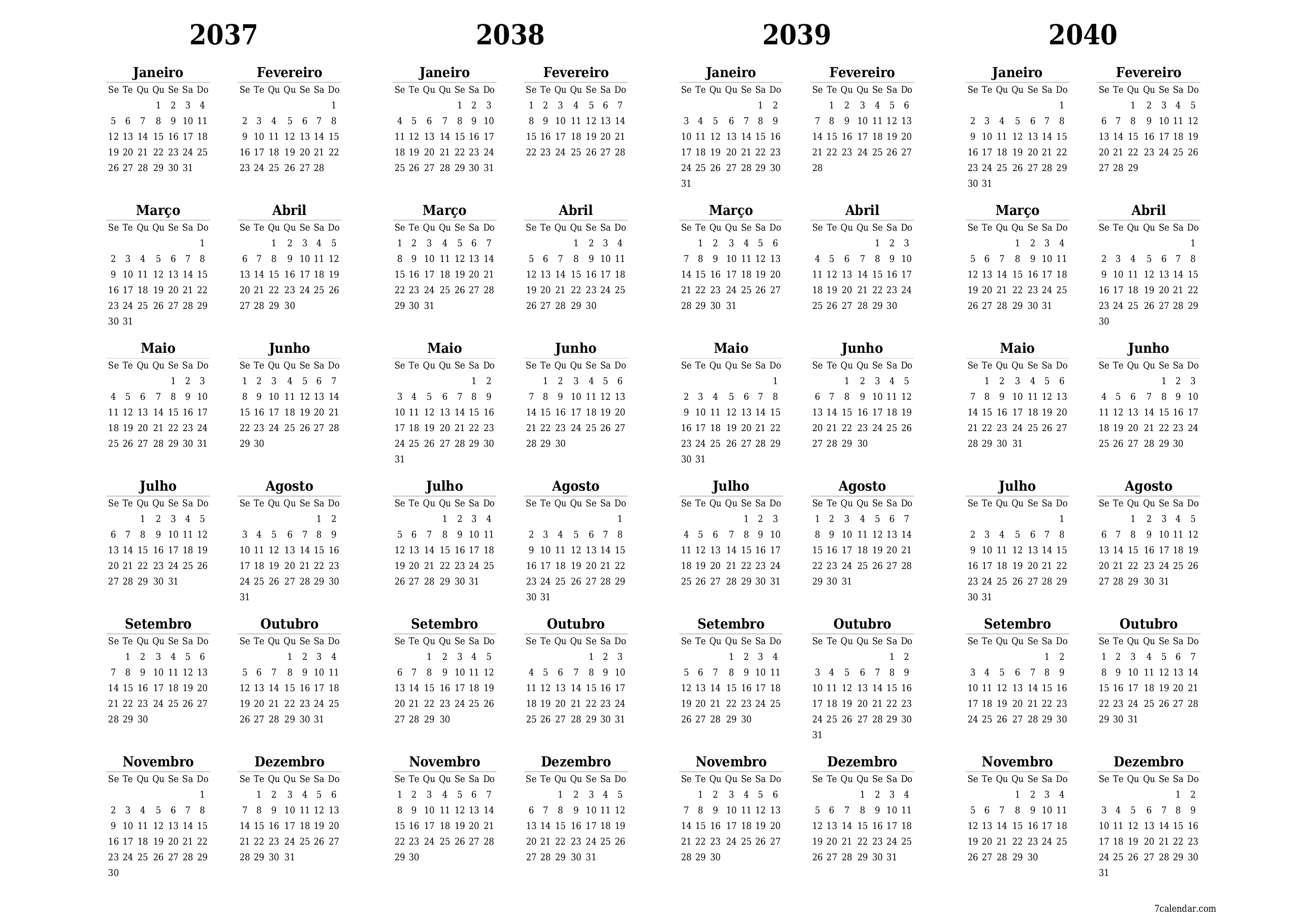 Calendário de planejador anual vazio para o ano 2037, 2038, 2039, 2040 com notas, salve e imprima em PDF PNG Portuguese