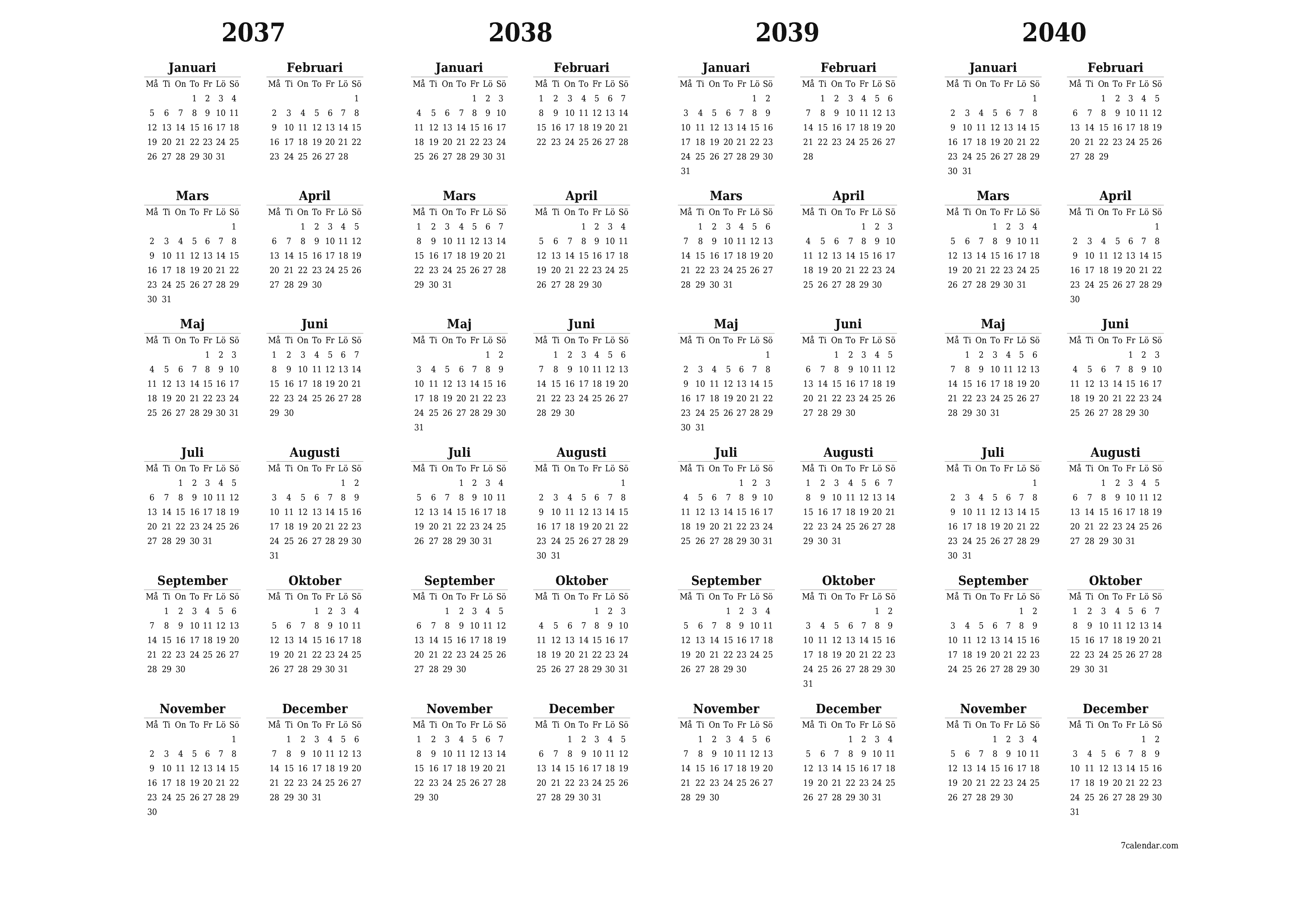 Tom årlig planeringskalender för året 2037, 2038, 2039, 2040 med anteckningar, spara och skriv ut till PDF PNG Swedish