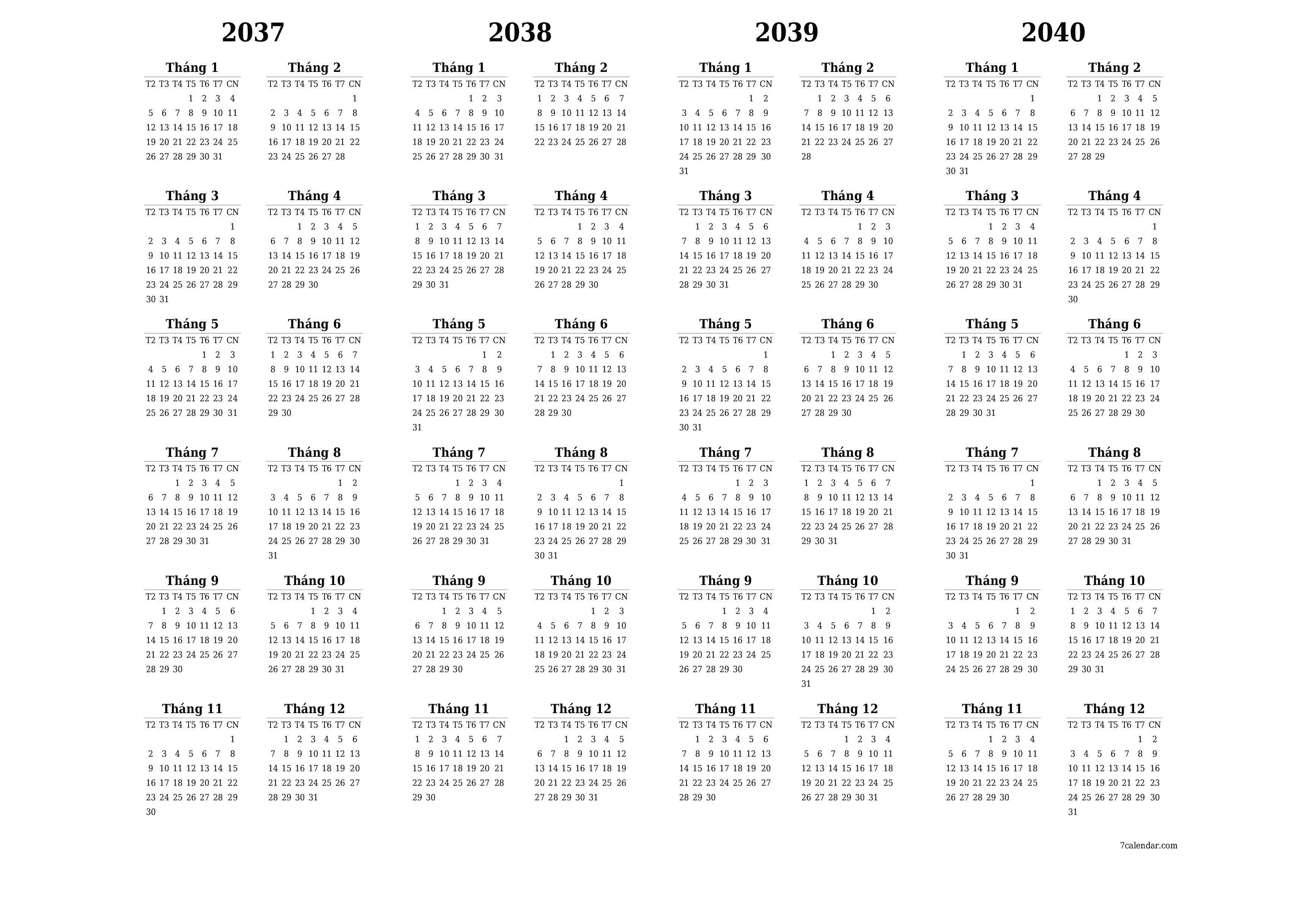 Lịch kế hoạch hàng năm trống cho năm 2037, 2038, 2039, 2040 có ghi chú, lưu và in sang PDF PNG Vietnamese