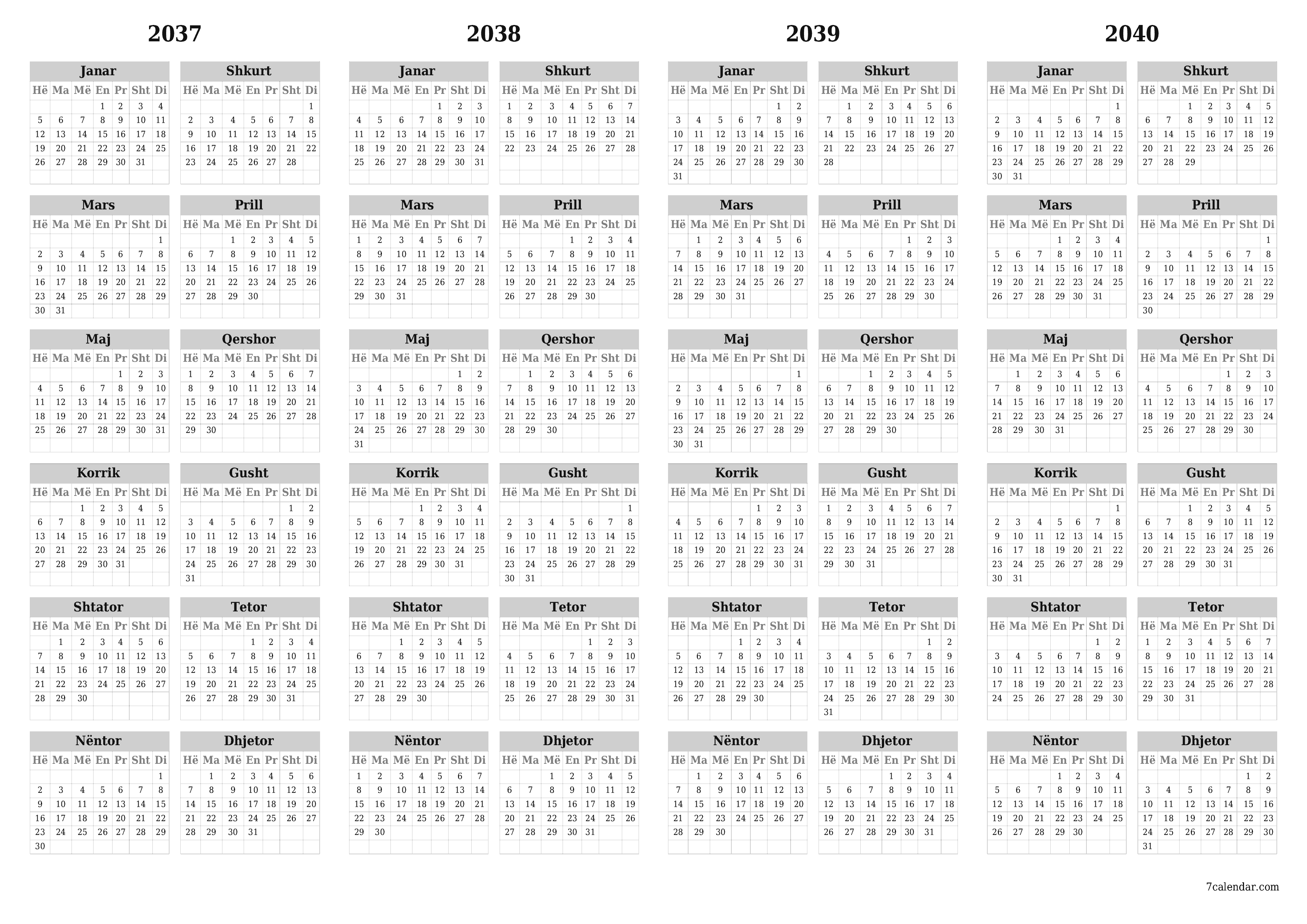 Planifikuesi bosh i kalendarit vjetor për vitin 2037, 2038, 2039, 2040 me shënime, ruani dhe printoni në PDF PNG Albanian