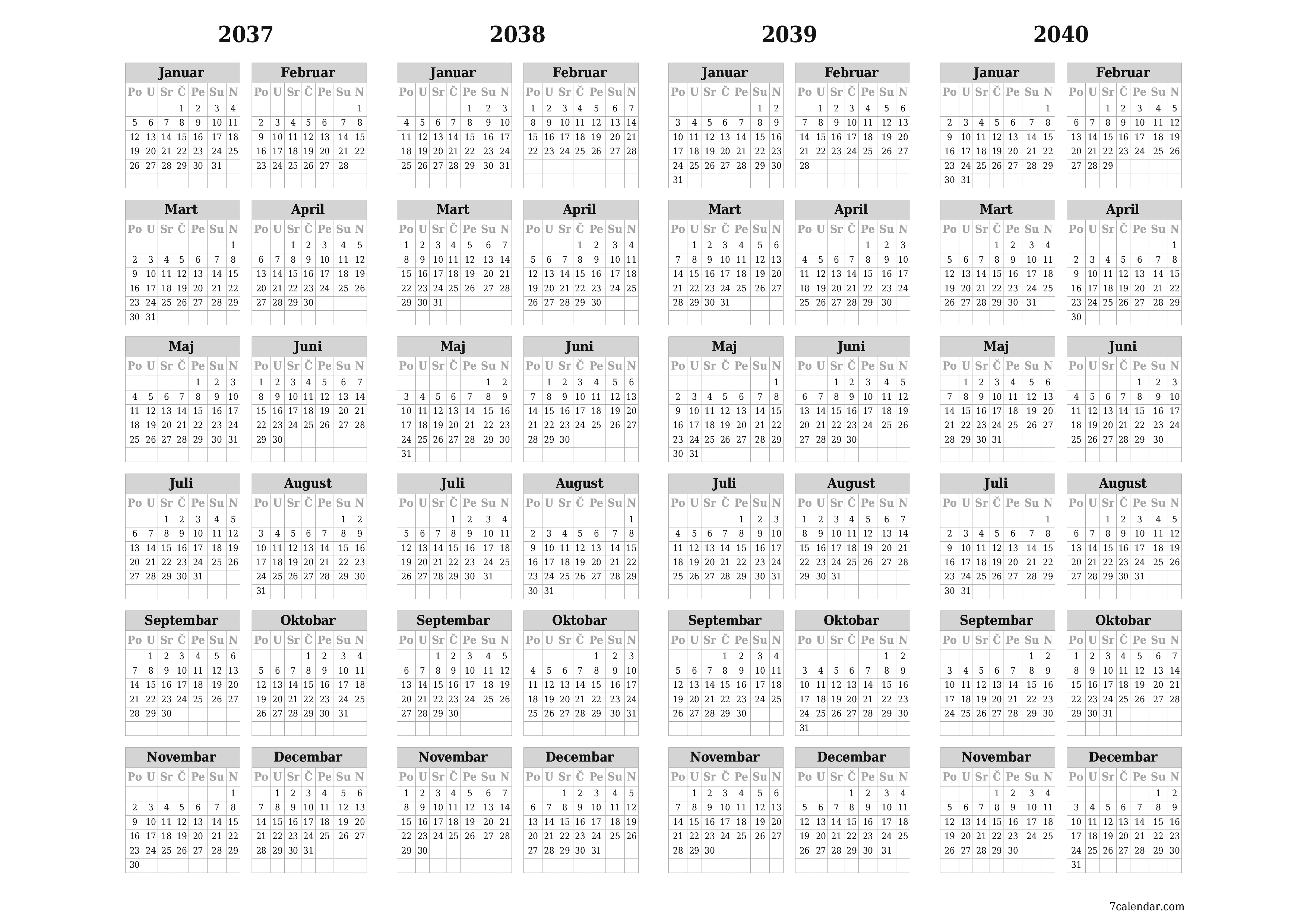 Ispraznite godišnji kalendar planera za godinu 2037, 2038, 2039, 2040 s bilješkama, spremite i ispišite u PDF PNG Bosnian