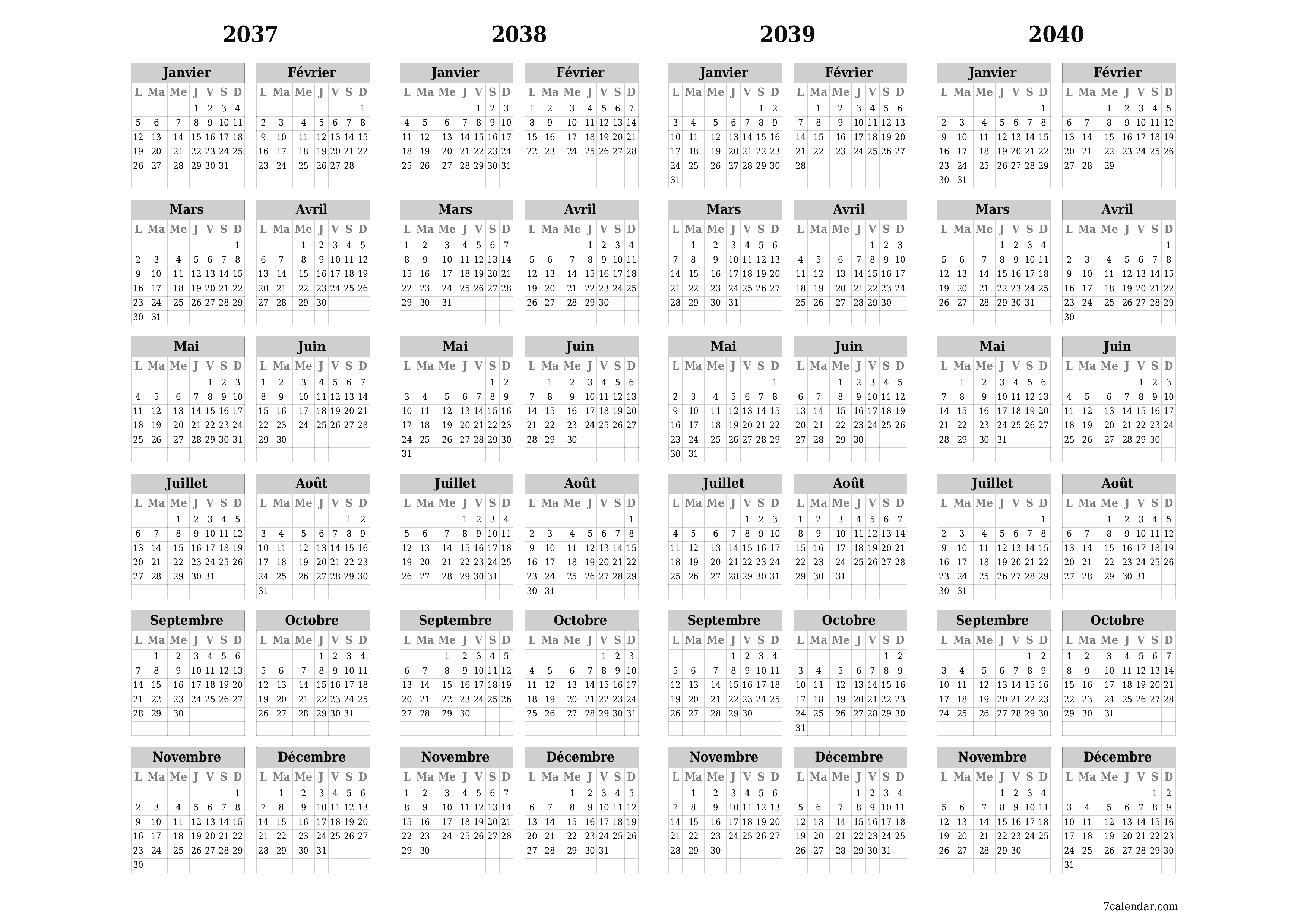 Calendrier annuel vide pour l'année 2037, 2038, 2039, 2040 avec notes, enregistrer et imprimer au format PDF PNG French