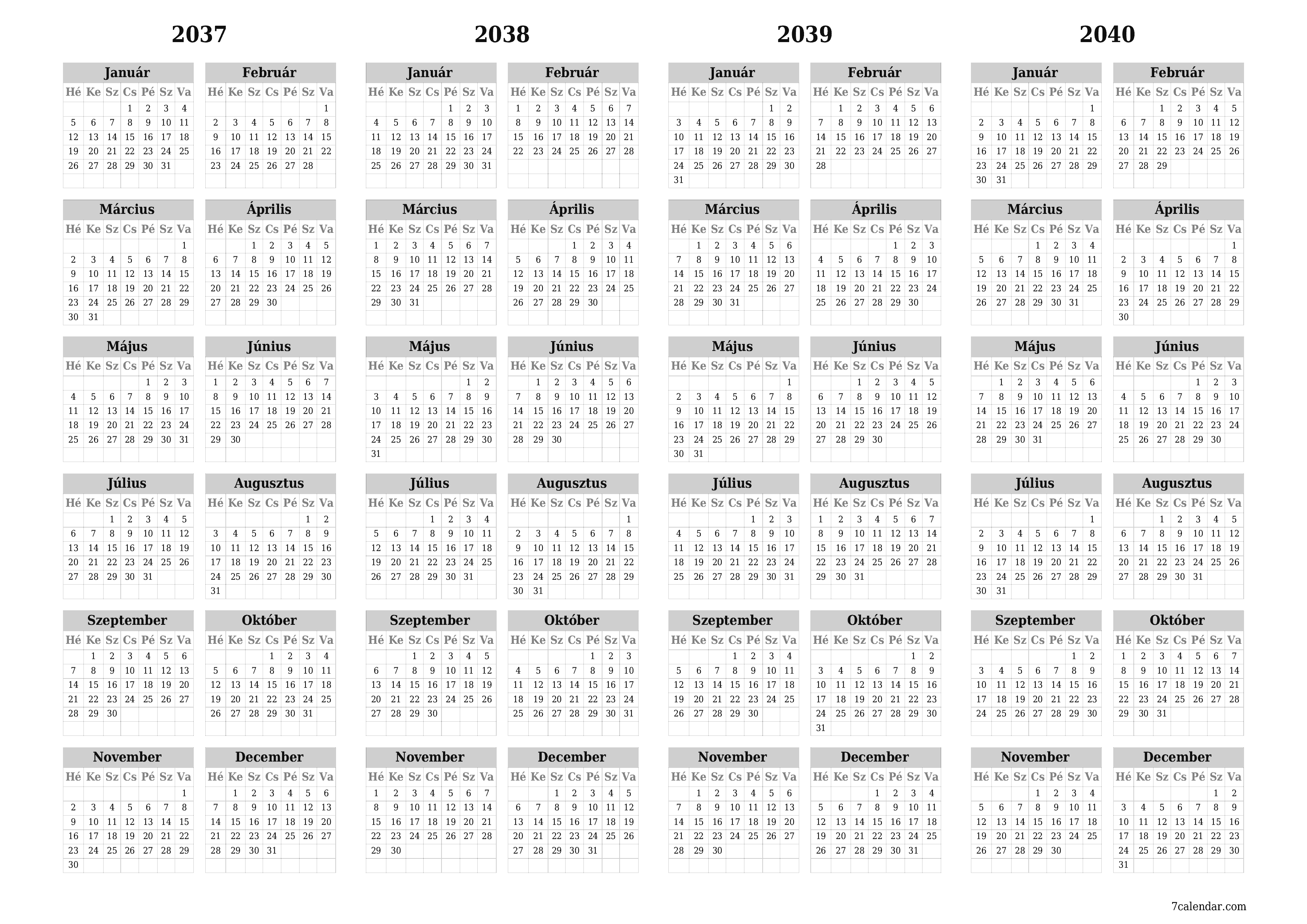 Üres éves tervezői naptár az évre 2037, 2038, 2039, 2040 jegyzetekkel, mentés és nyomtatás PDF-be PNG Hungarian