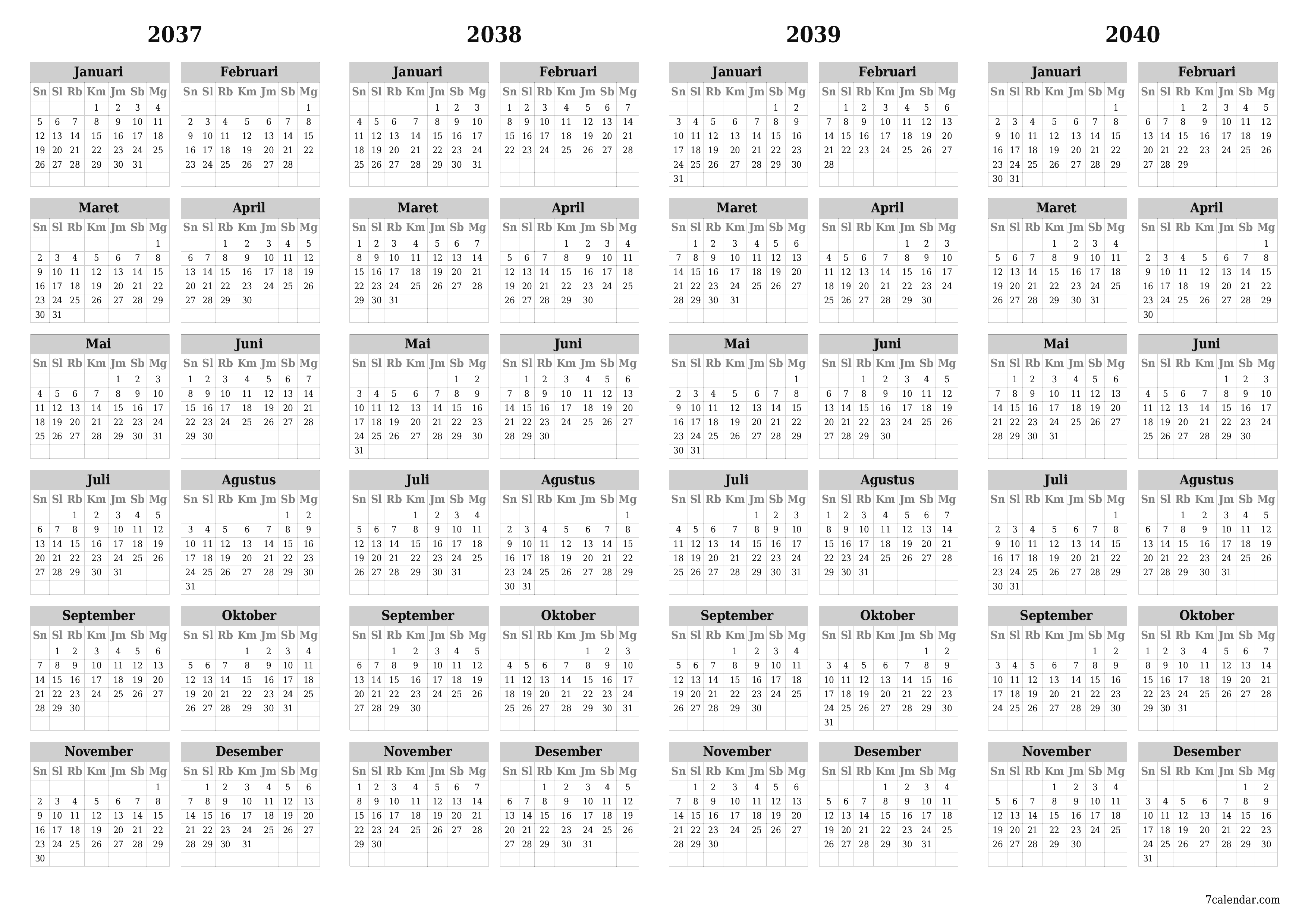 Kosongkan kalender perencana tahunan untuk tahun ini 2037, 2038, 2039, 2040 dengan catatan, simpan dan cetak ke PDF PNG Indonesian