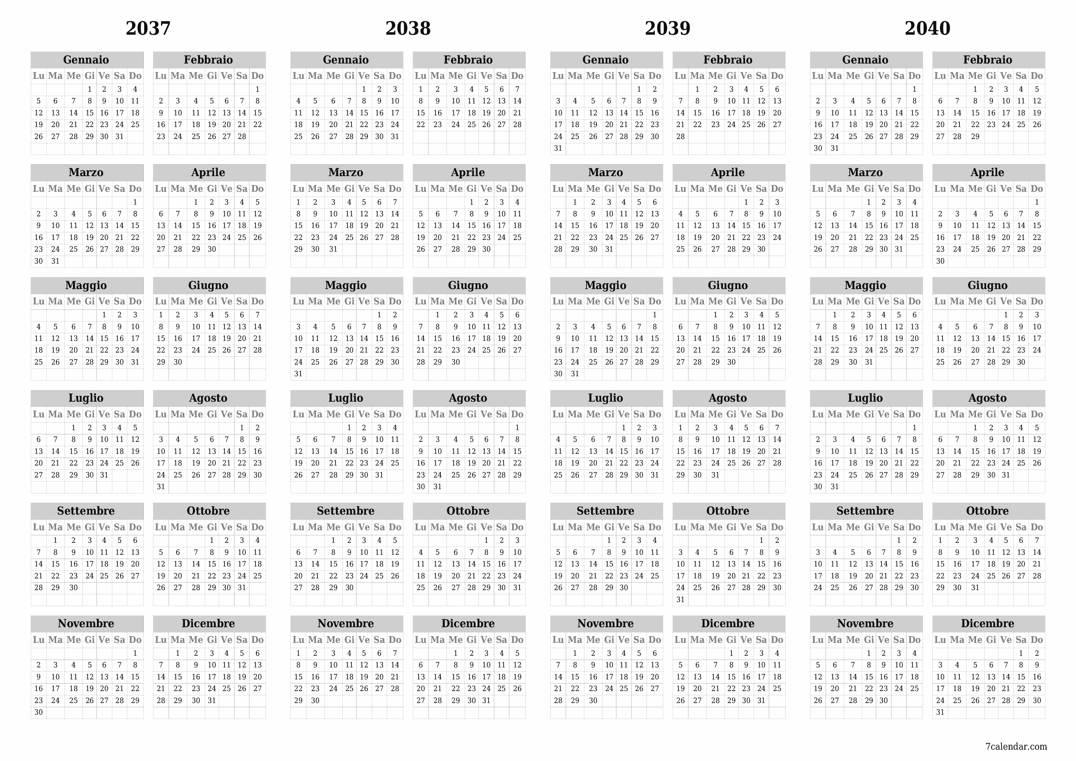 Calendario pianificatore annuale vuoto per l'anno 2037, 2038, 2039, 2040 con note, salva e stampa in PDF PNG Italian