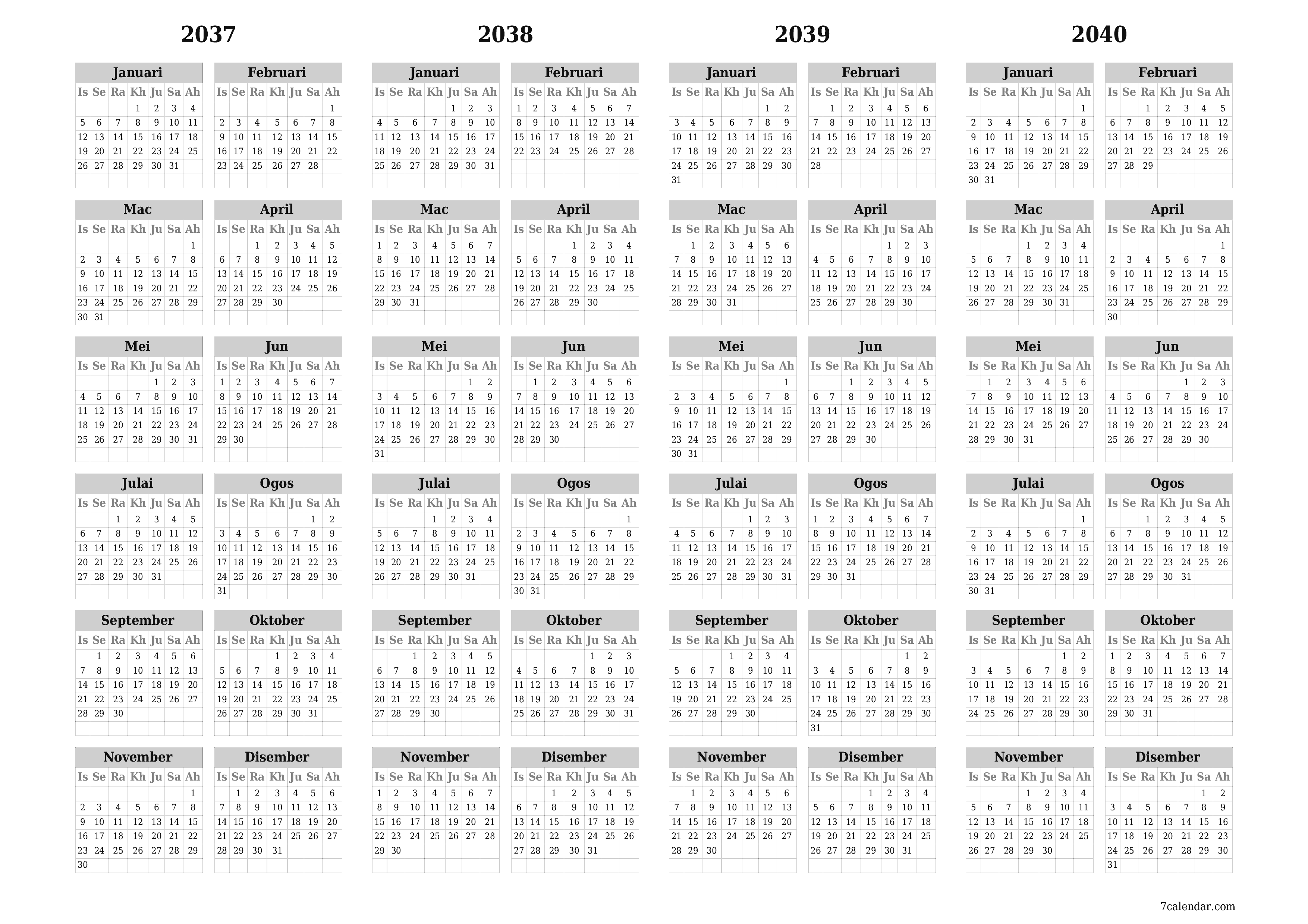 Kalendar perancang tahunan kosong untuk tahun ini 2037, 2038, 2039, 2040 dengan nota, simpan dan cetak ke PDF PNG Malay