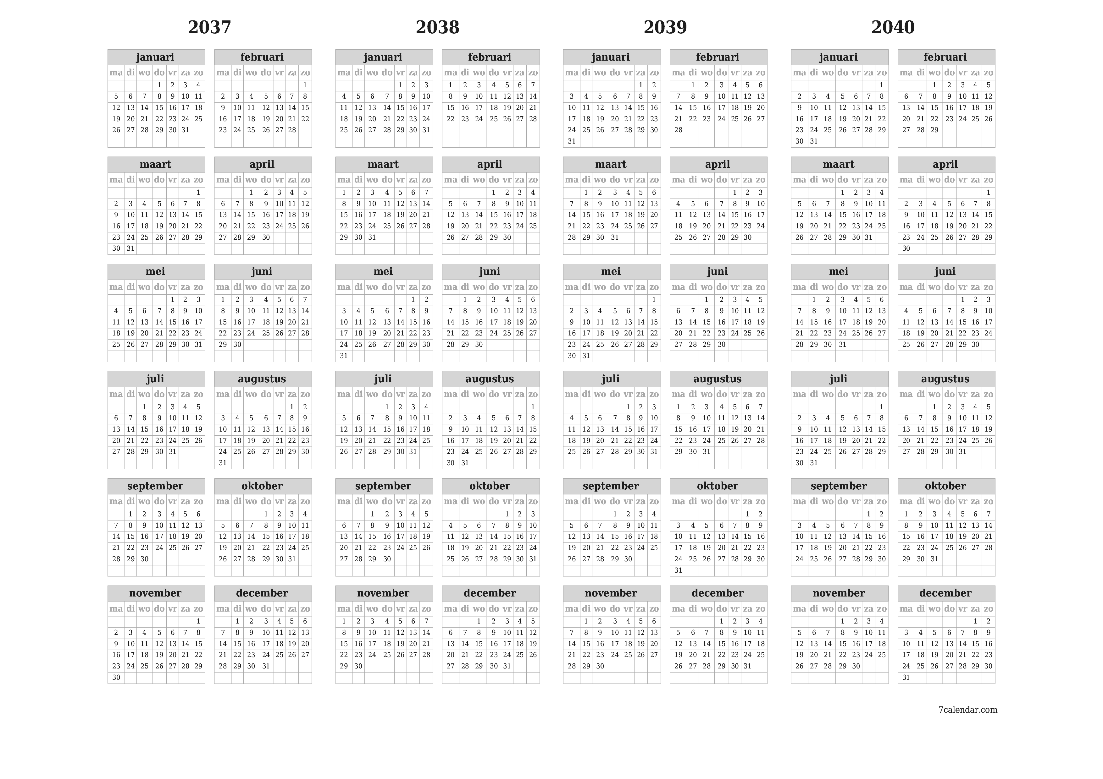 Lege jaarplanningskalender voor het jaar 2037, 2038, 2039, 2040 met notities, opslaan en afdrukken naar pdf PNG Dutch