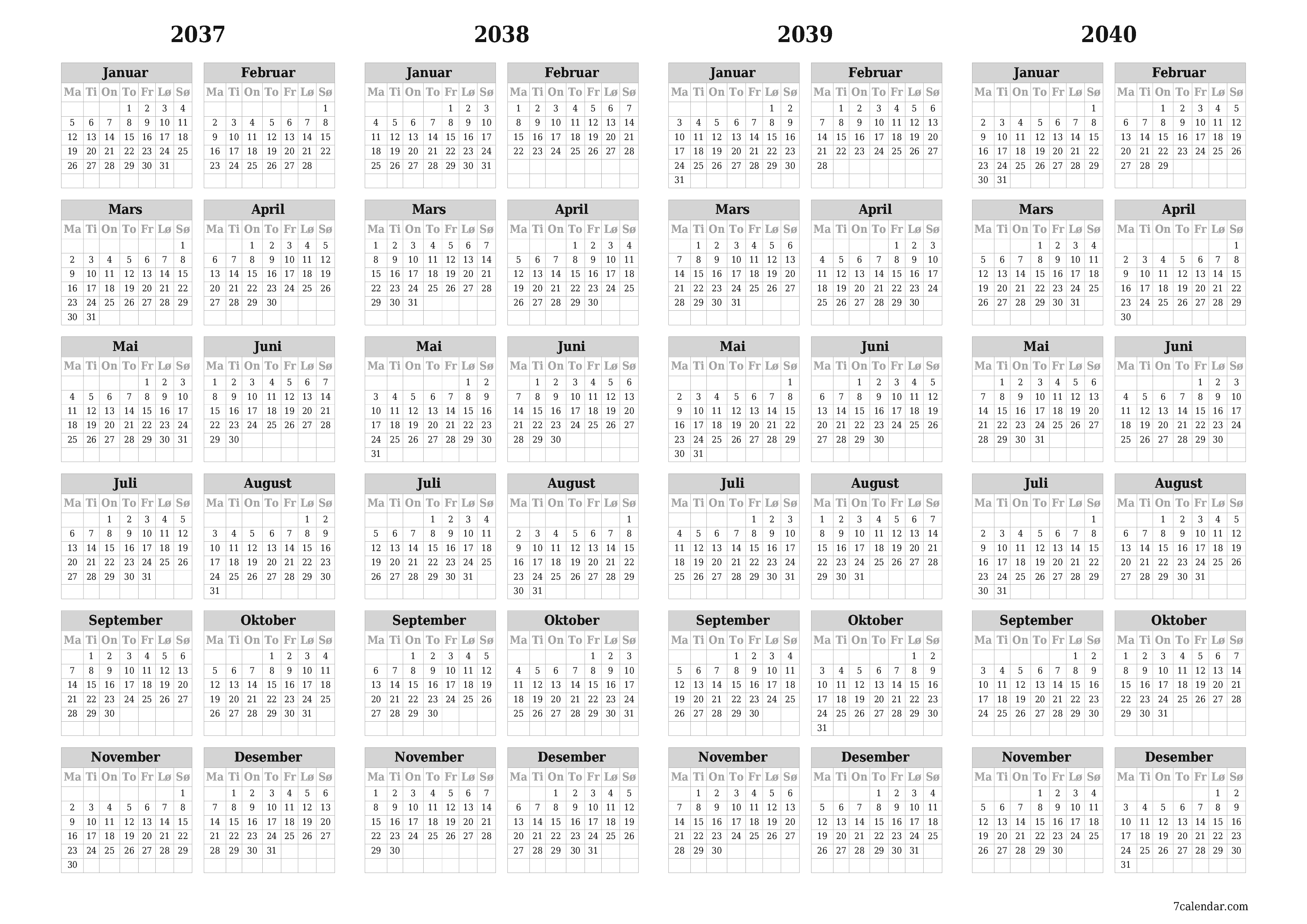 Tom årlig planleggerkalender for året 2037, 2038, 2039, 2040 med notater, lagre og skrive ut i PDF PNG Norwegian