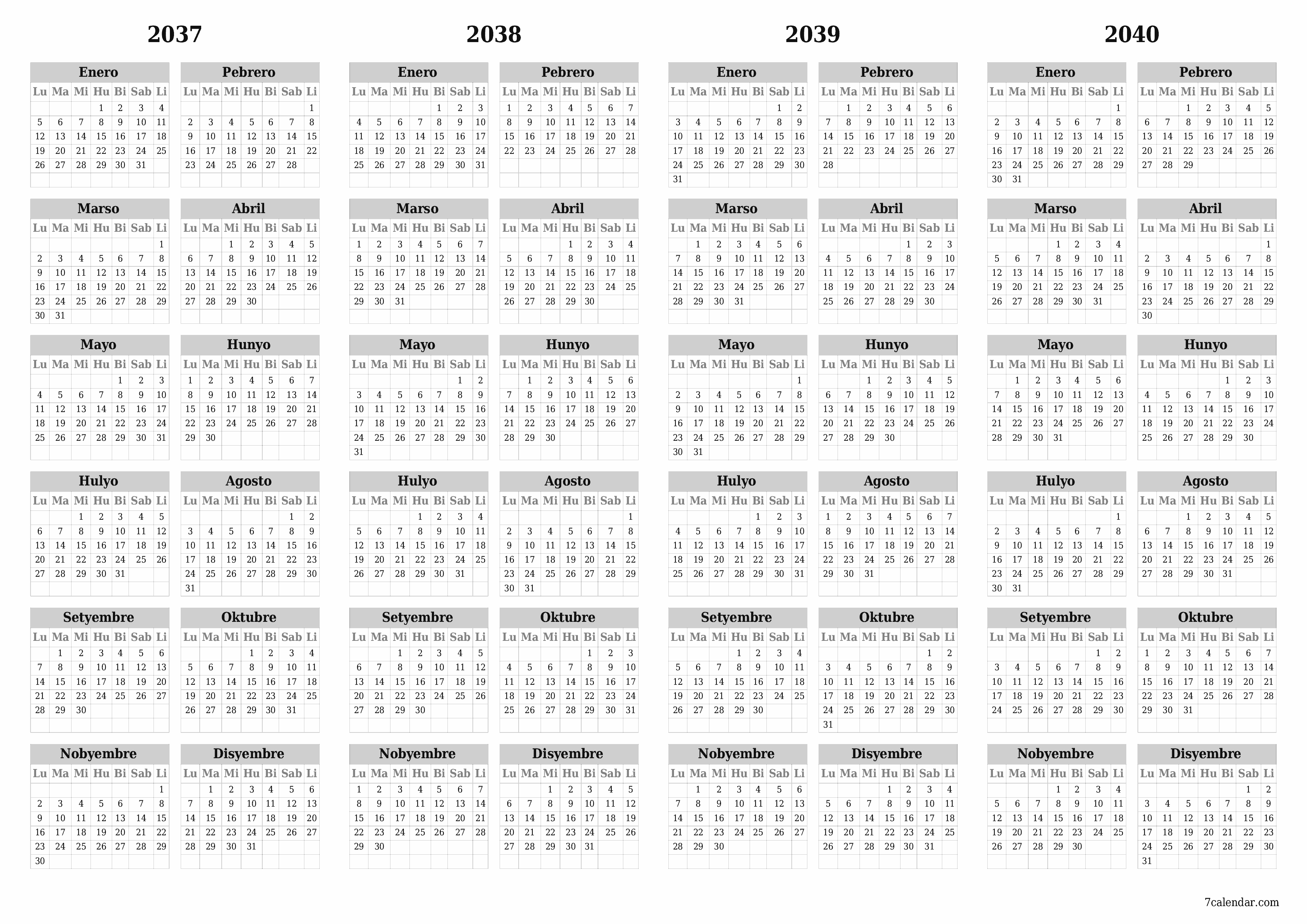 Walang laman ang taunang kalendaryo ng tagaplano para sa taong 2037, 2038, 2039, 2040 na may mga tala, i-save at i-print sa PDF PNG Filipino