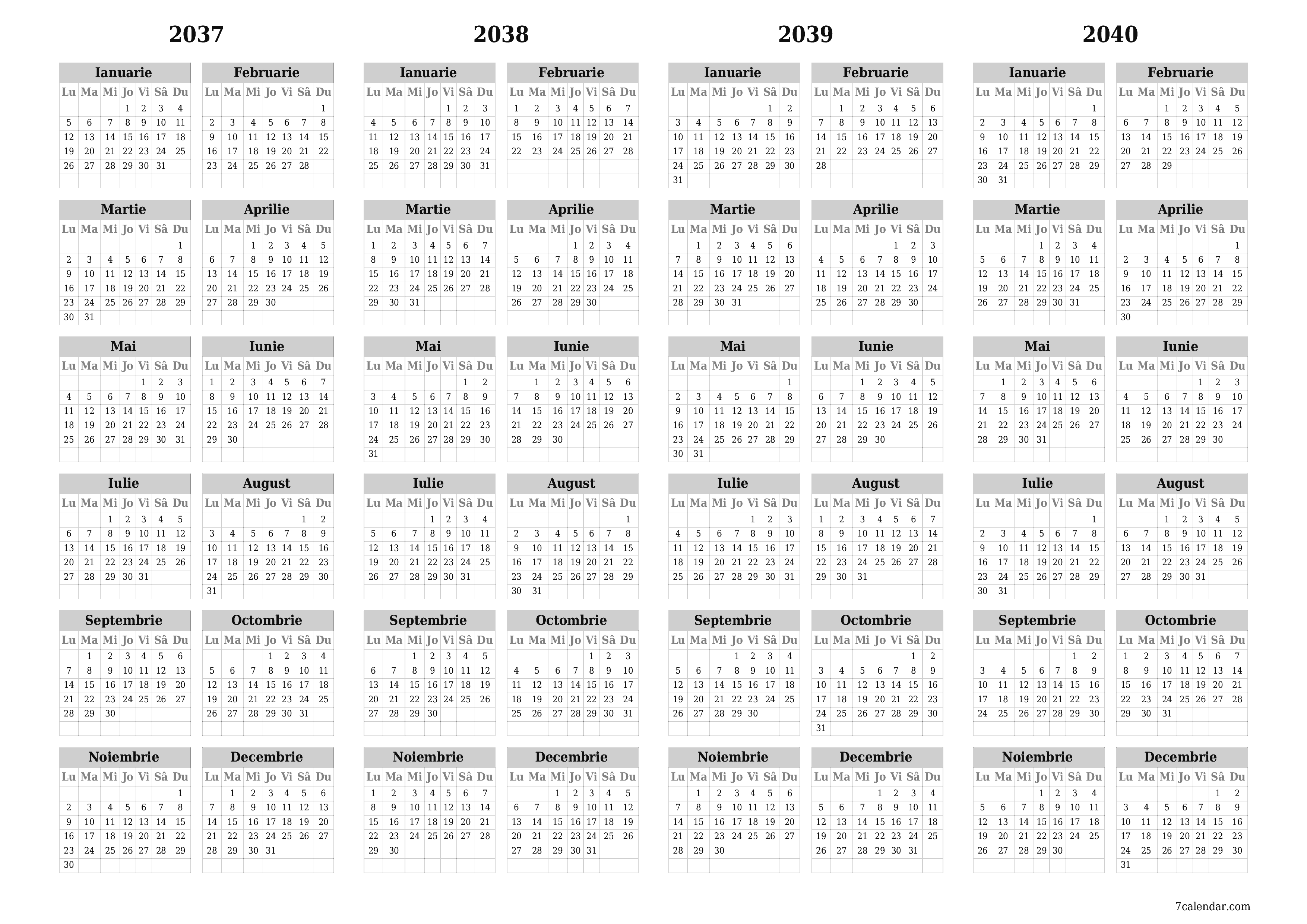 Goliți calendarul anual al planificatorului pentru anul 2037, 2038, 2039, 2040 cu note, salvați și tipăriți în PDF PNG Romanian