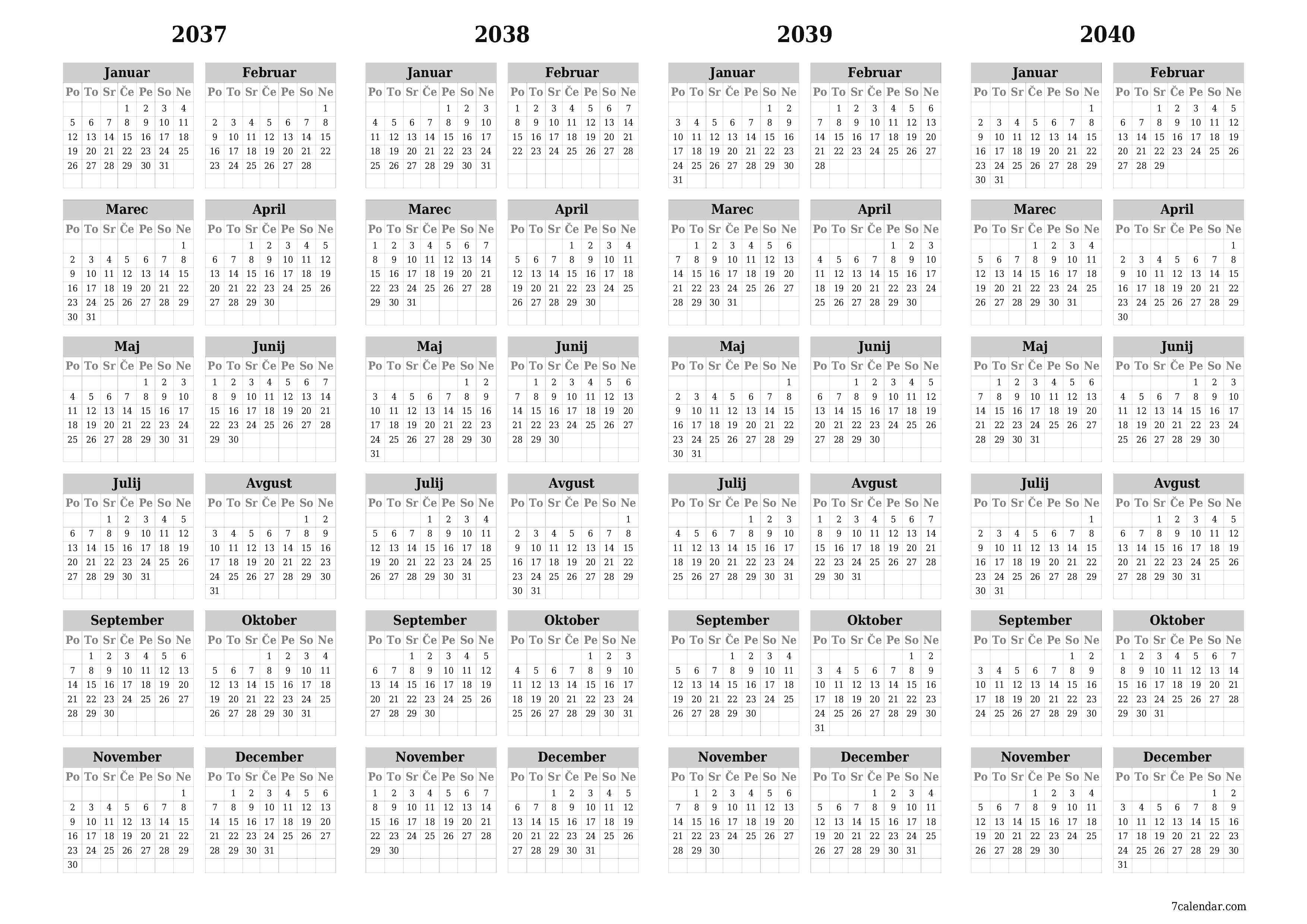 Prazen letni načrtovalec koledarja za leto 2037, 2038, 2039, 2040 z opombami za tiskanje v PDF-ju PNG Slovenian