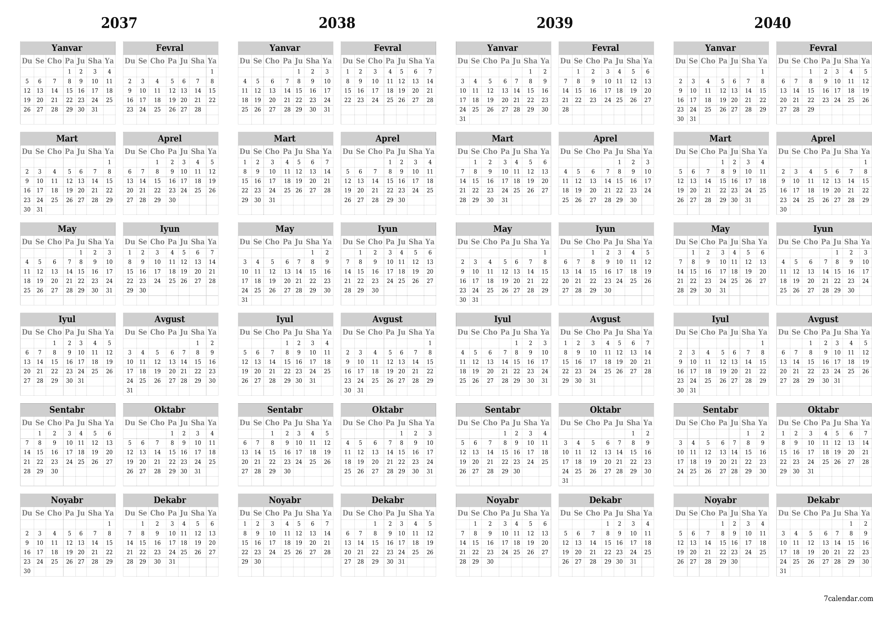 Bo'sh yillik rejalashtiruvchi taqvim 2037, 2038, 2039, 2040 yil, qaydlar bilan saqlang va PDF-ga chop eting PNG Uzbek