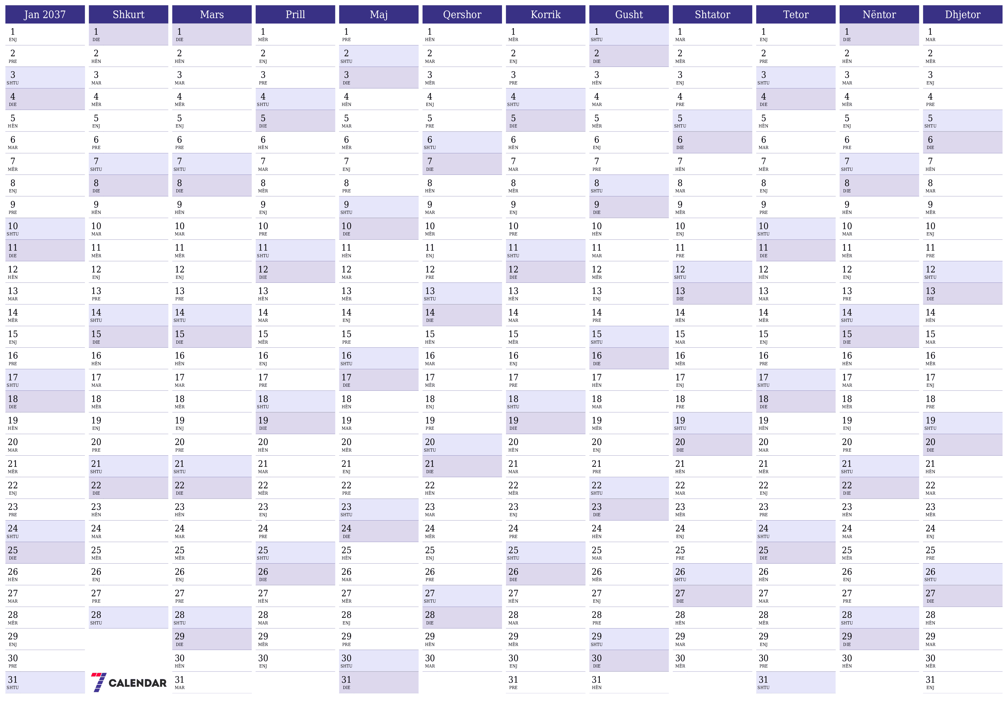 Planifikuesi bosh i kalendarit vjetor për vitin 2037 me shënime, ruani dhe printoni në PDF PNG Albanian