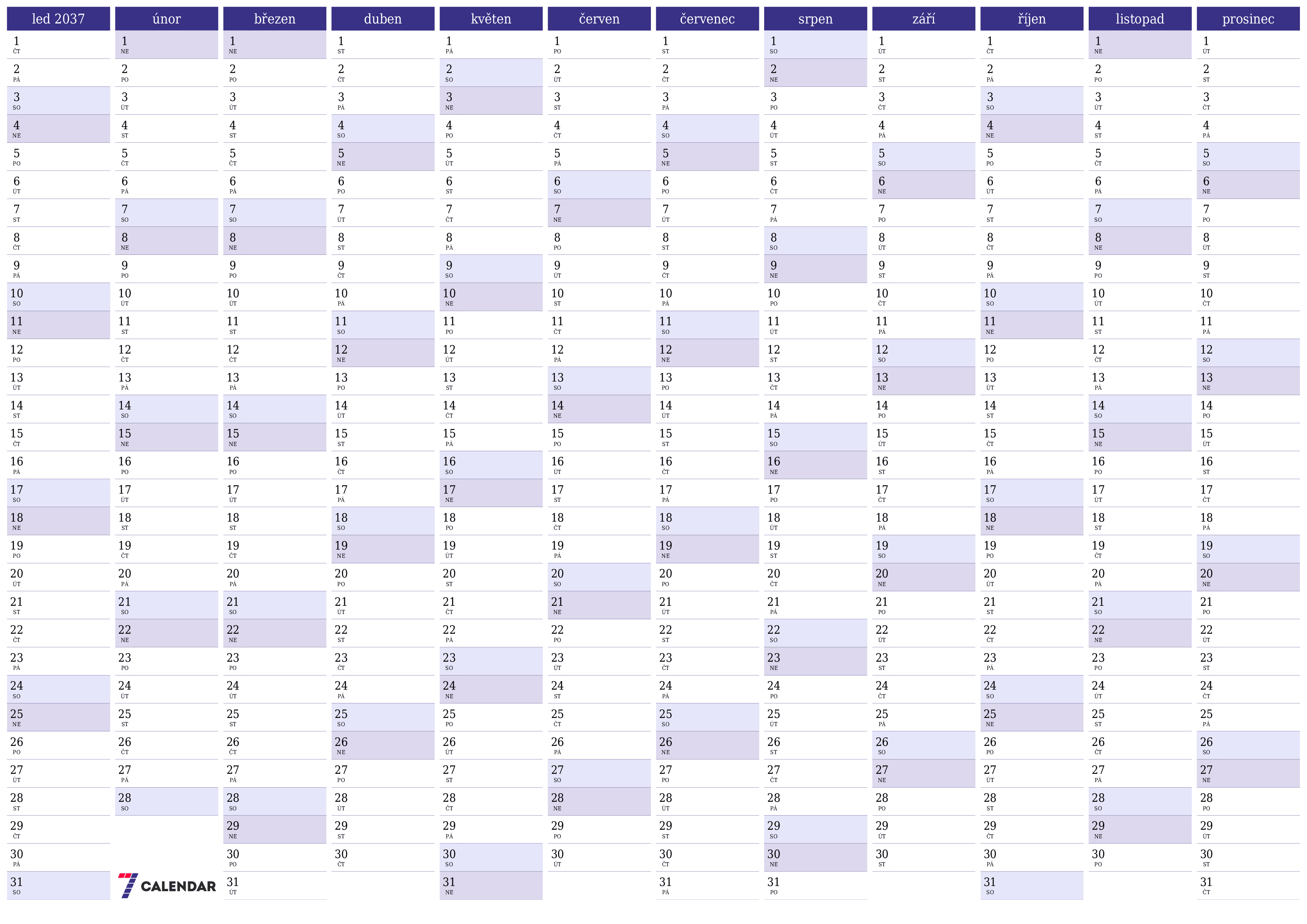 Prázdný roční kalendář plánovače pro rok 2037 s poznámkami, uložením a tiskem do PDF PNG Czech